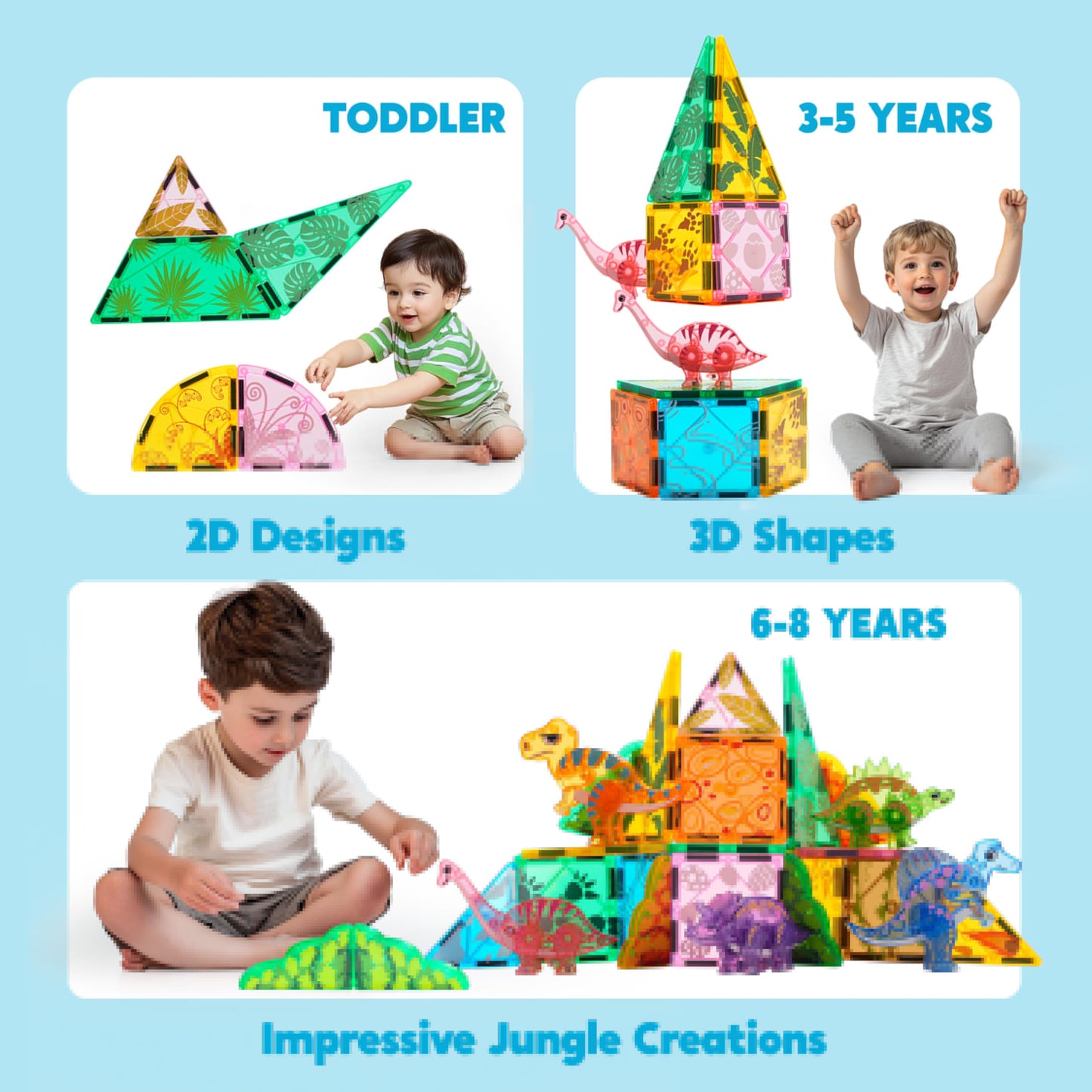 SYNCFUN Magnetic Building Tiles Dinosaur Set for Kids, 50PCS Including 5 Cute Dinosaurs, Educational STEM Toy for Boys & Girls Ages 3-5 4-8, Christmas