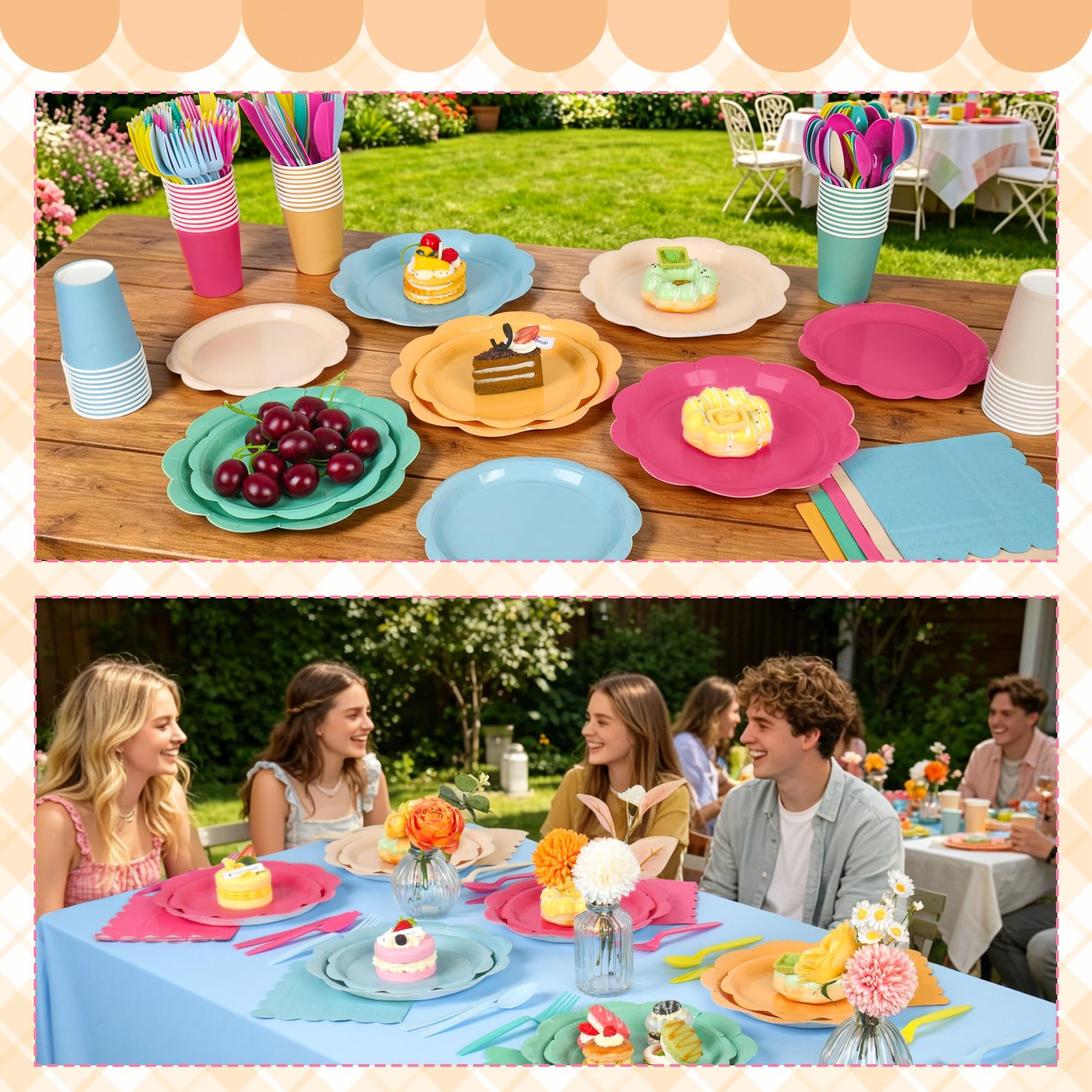 ZUQMZUQ 350 Pcs Colorful Party Plates and Napkins Party Supplies Serves 50 Guests Include Candy Colors Scalloped Plate Napkin Cup & Cutlery for Baby