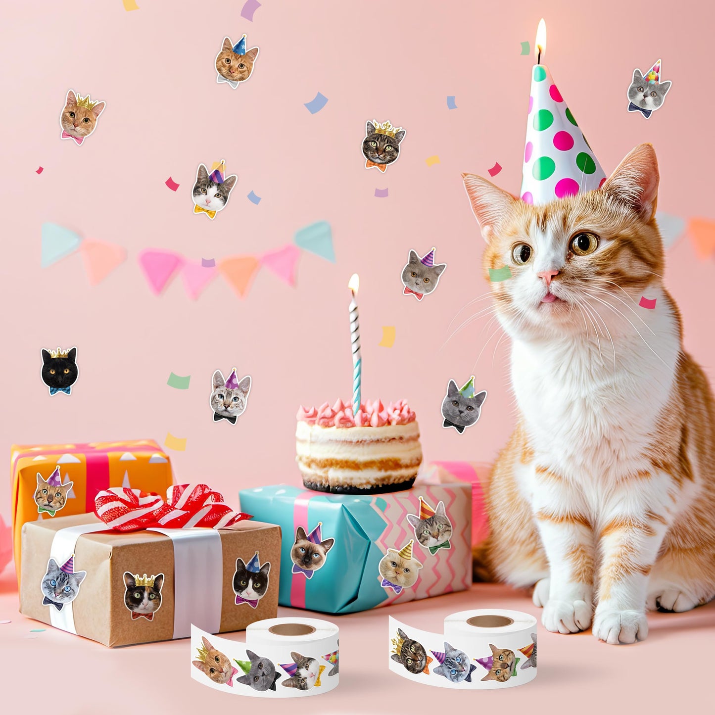DSjuedui Birthday Cat Sticker Rolls - 1000Pcs Happy Birthday Cute Cat Vinyl Stickers for Kids Adults, Funny Realistic Kitty Waterproof Decals