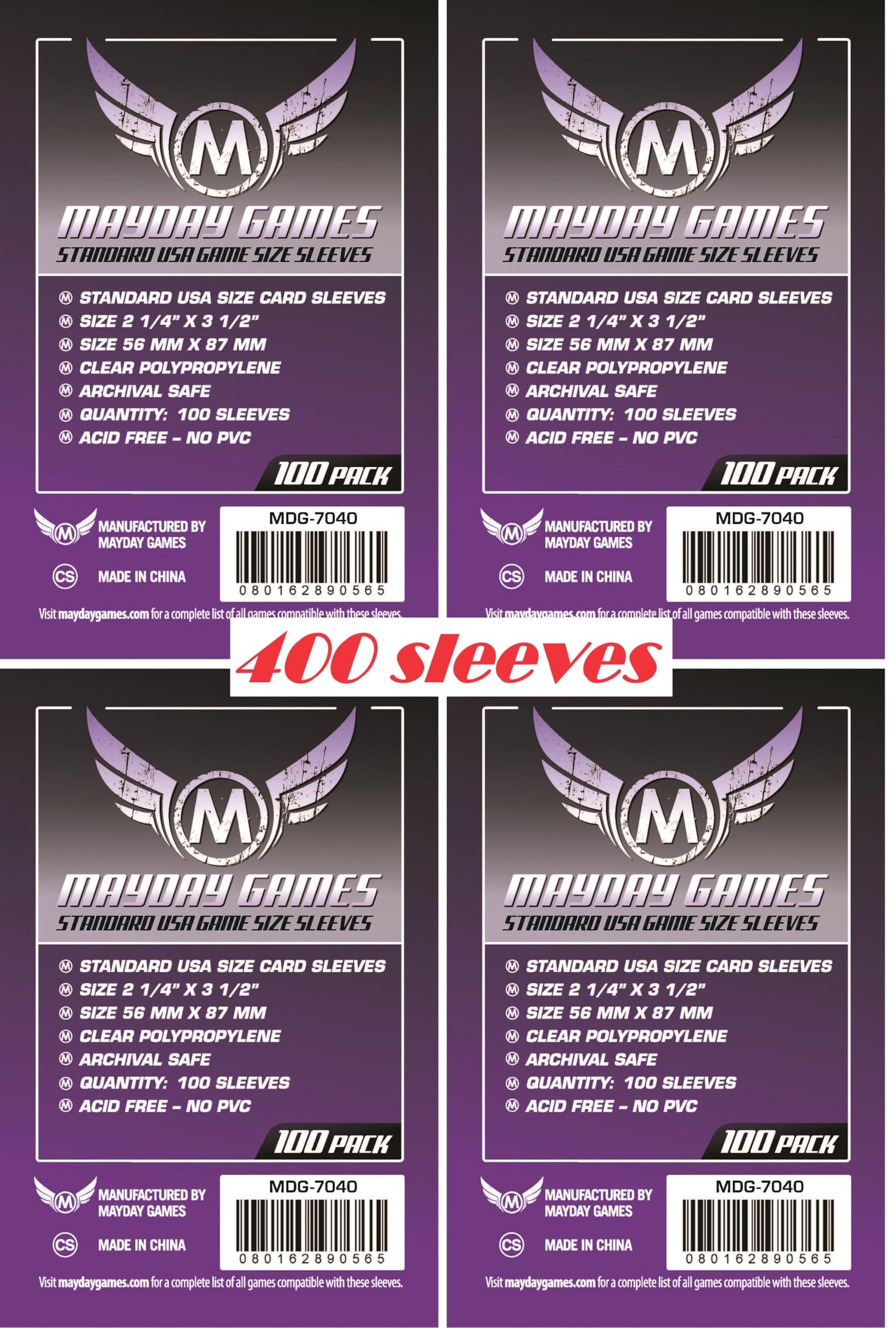 Mayday Games 7040 Clear Sleeves 56x87mm Standard USA Game Size (4x100 Pack, 400 sleeves)