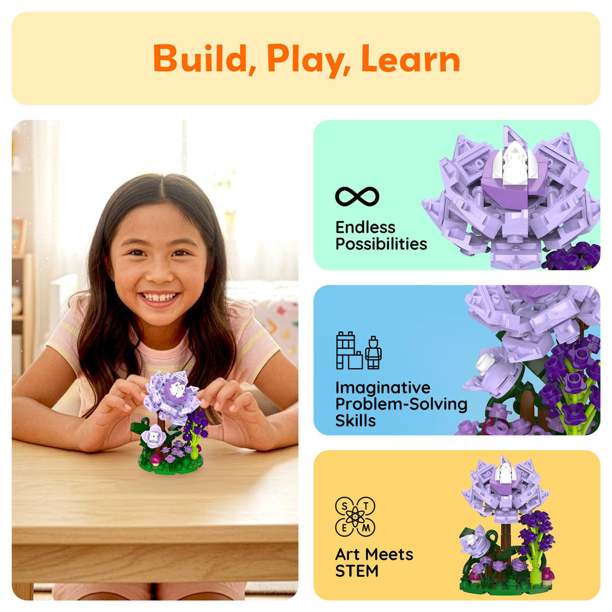 PicassoTiles 118pc Flower Garden Building Block Set STEM Educational Toy Kids Ages 3 and Up Creative DIY Floral Arrangement Construction Kit for Boys