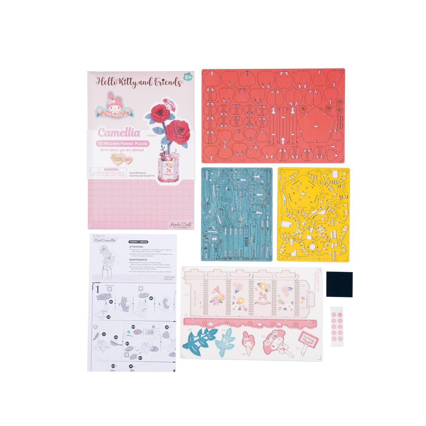 Hands Craft Hello Kitty and Friends My Melody Red Camellia 3D Wooden Puzzle Kit | DIY Flower Model | Arts & Crafts for Adults & Kids | Creative Hobby