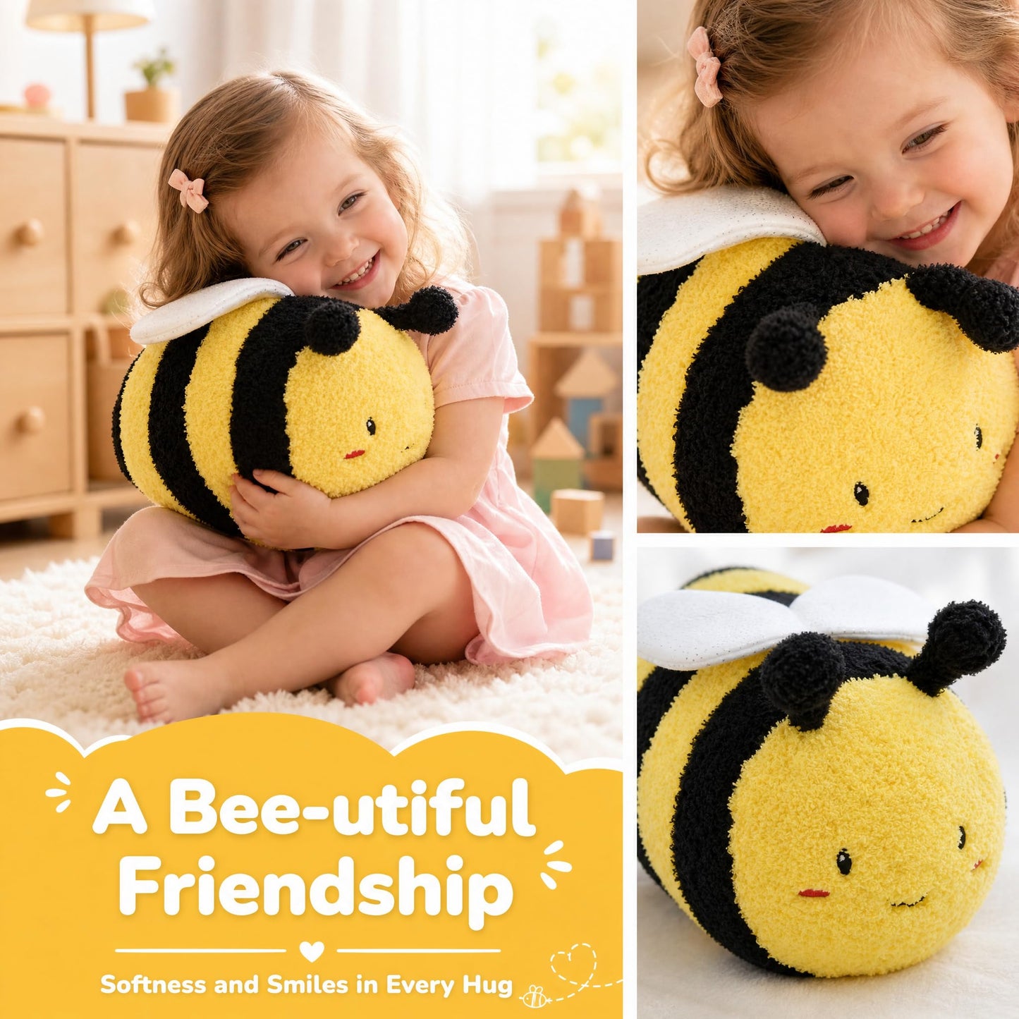 YONLIT Fuzzy Bumblebee Stuffed Animal with Smile Face and White Wings Super Cute Plush Bee Toy Excellent Gifts for Kids or Honey 12 Inch