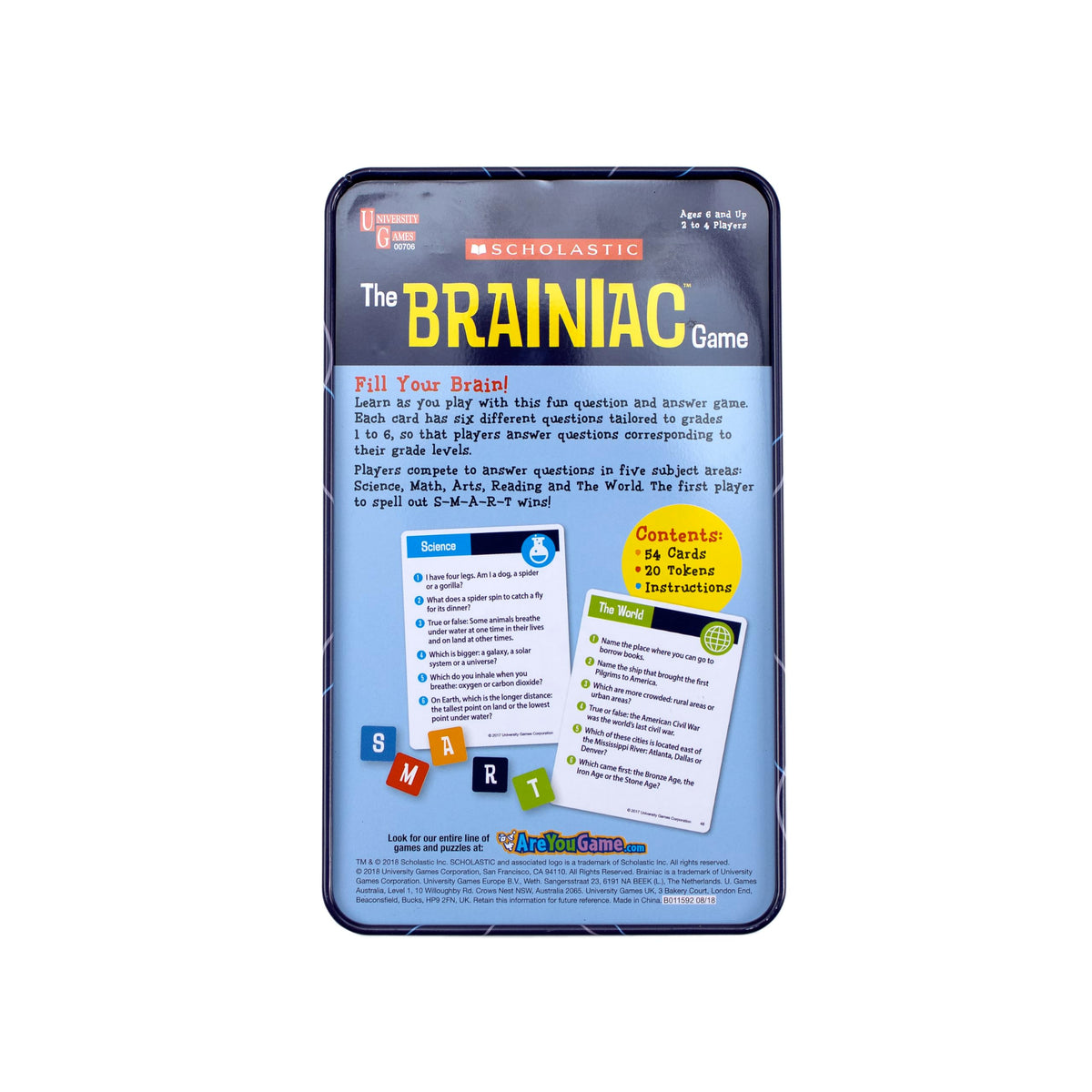 Scholastic Brainiac Travel Card Game, Portable Tin, Kids Ages 6+