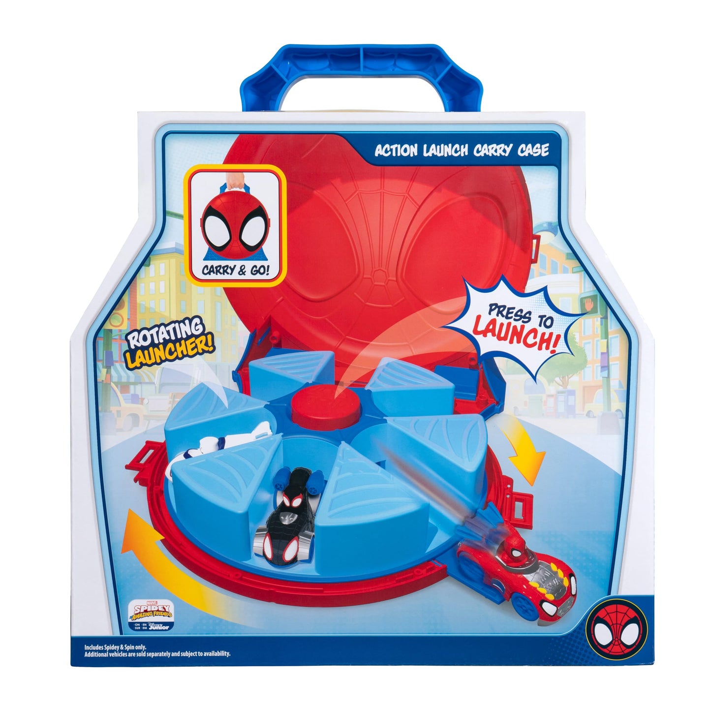 Jazwares Marvel Spidey and His Amazing Friends Action Launch Carry Case - 12-Inch Carry Case with Rotating Launcher and Two Exclusive Amazing Metals