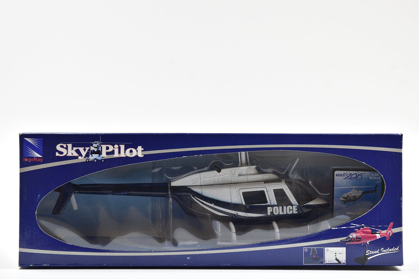 Bell 206 Helicopter Dark Blue and White Police Sky Pilot Series 1/34 Diecast Model by New Ray