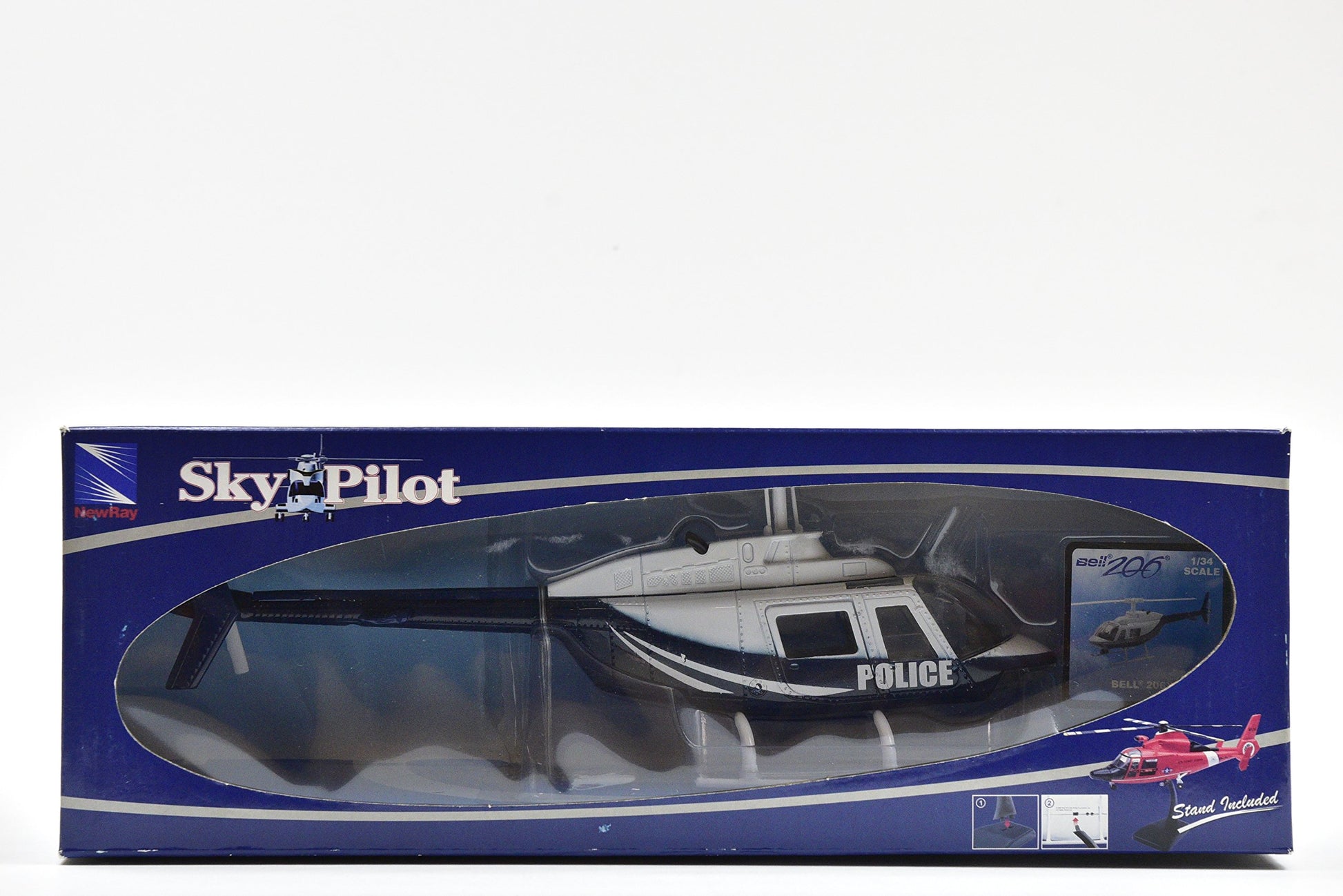 Bell 206 Helicopter Dark Blue and White Police Sky Pilot Series 1/34 Diecast Model by New Ray