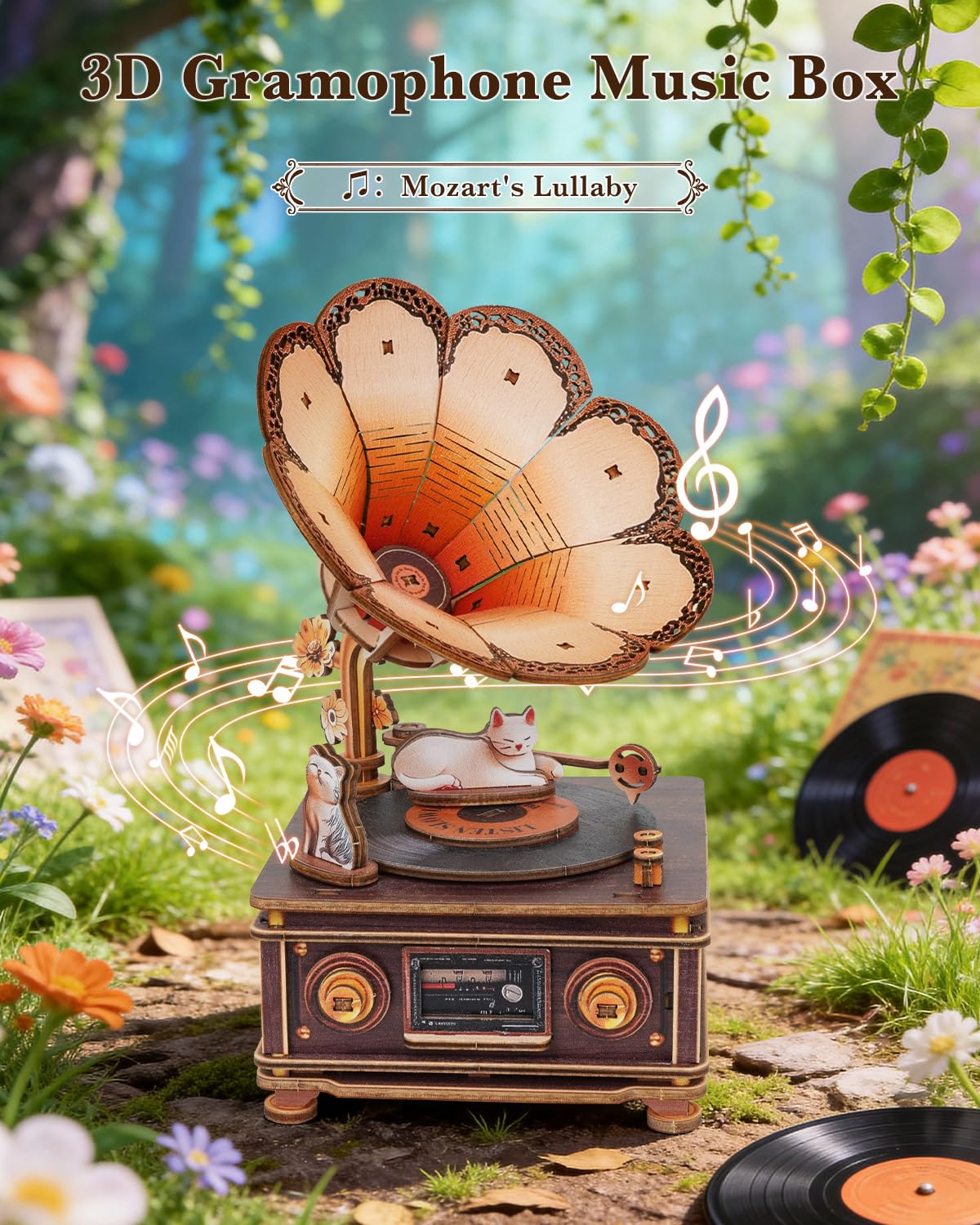 Rnfinewow 3D Puzzles for Adults, Wooden Cat Gramophone Music Box Handmade Model Kit DIY Crafts, 3D Wooden Music Box Puzzles Vintage Gramophone