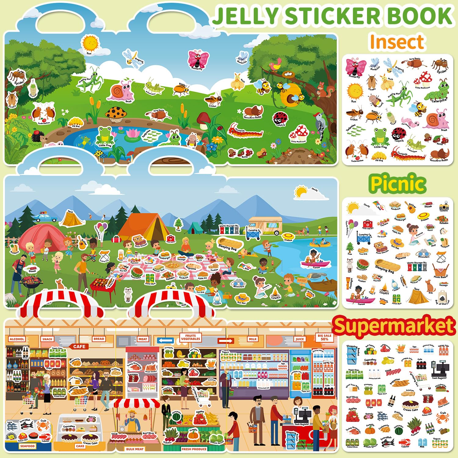CREATIVETREES 6 Sets Reusable Sticker Book for Toddlers 3-6, Jelly Sticker Books for Toddler, Travel Sticker Activity Toys for Kids 3 4 5 6 Years Old