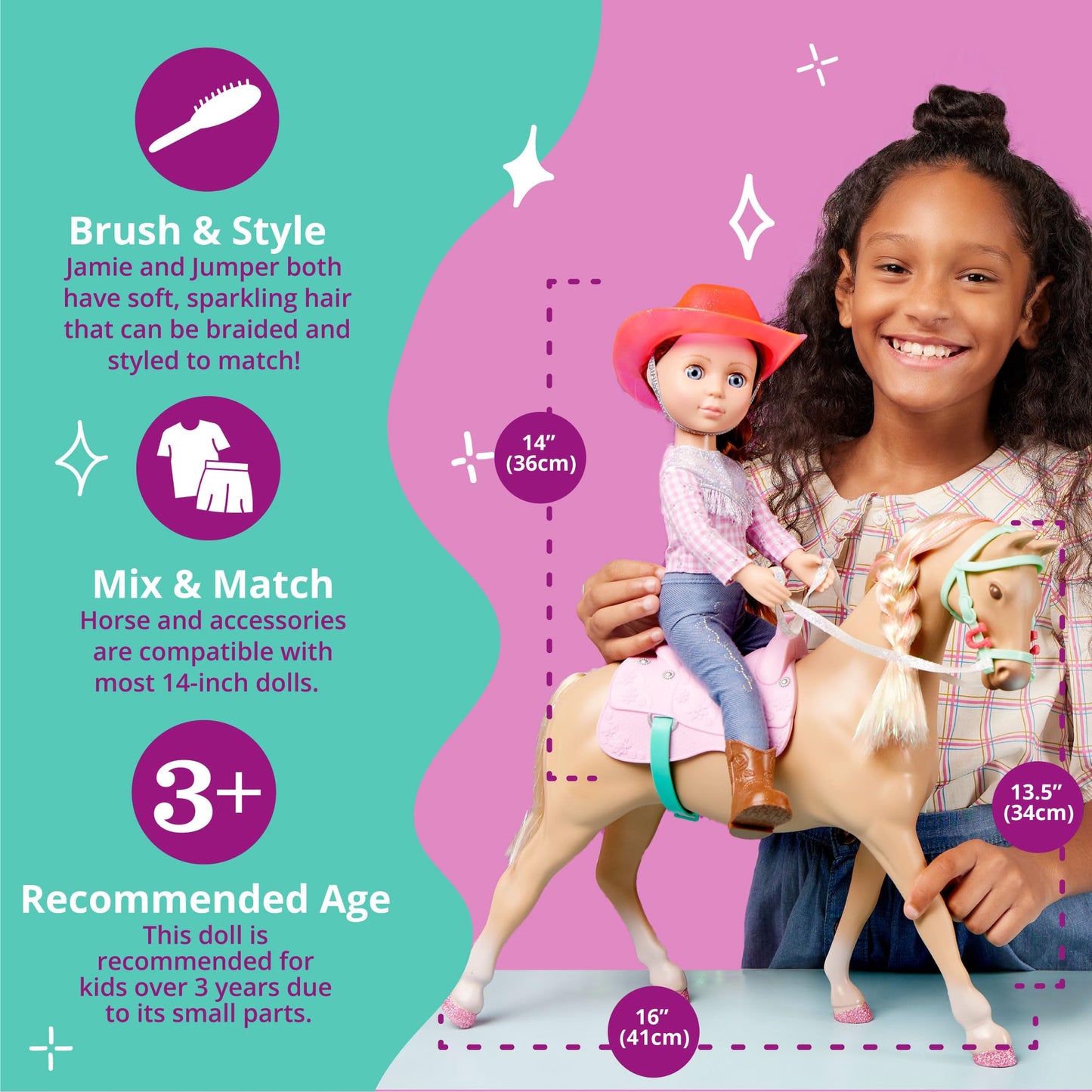 Glitter Girls - 14-Inch Equestrian Doll - Brown Hair & Blue Eyes - Riding Outfit with Cowgirl Hat - Horse with Tan Coat and Pink Saddle - 3+ Years