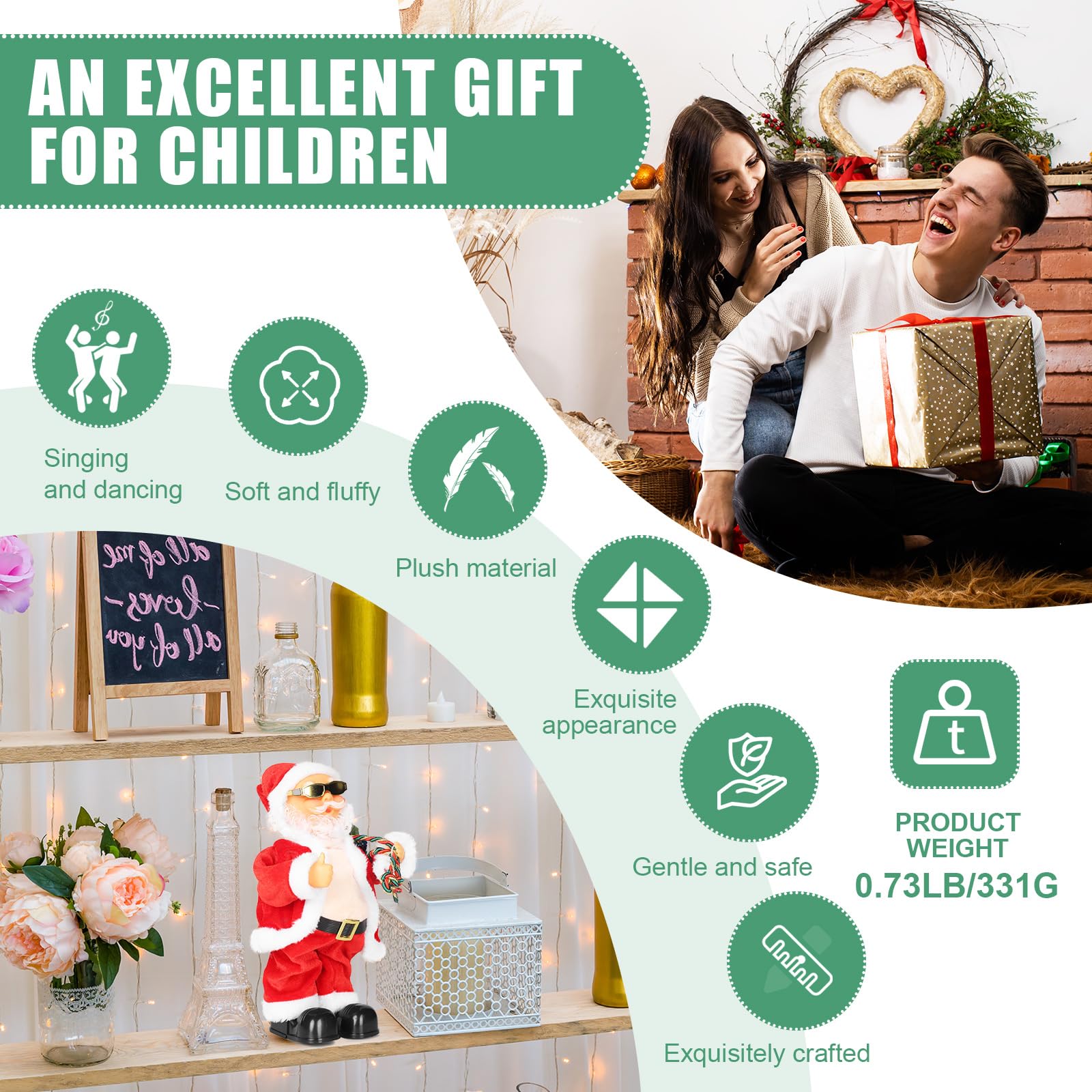 SdeNow Animated Santa Claus Singing Dancing Stuffed Christmas Toys Shaking Belly Christmas Musical Stuffed Animals Plush Electric Santa Dolls for Kids
