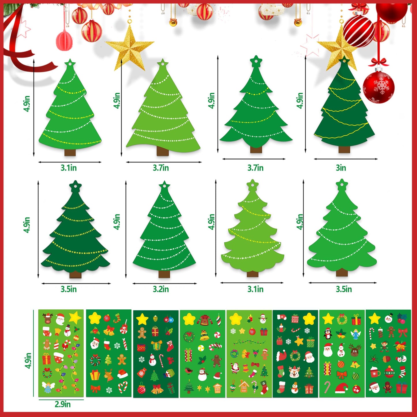 BCCSNNM 48 Pcs Christmas Tree Stickers Kit for Christmas DIY Hanging Art Ornaments Making Your Own Xmas Craft for Winter Holiday Party Classroom