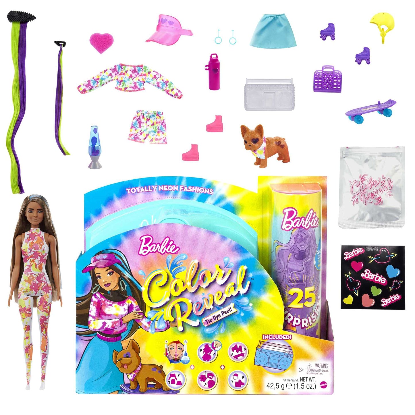 Barbie Color Reveal Totally Neon Fashions Doll with Blue-Streaked Brunette Hair & 25 Surprises Including Color Change, Gift for Kids