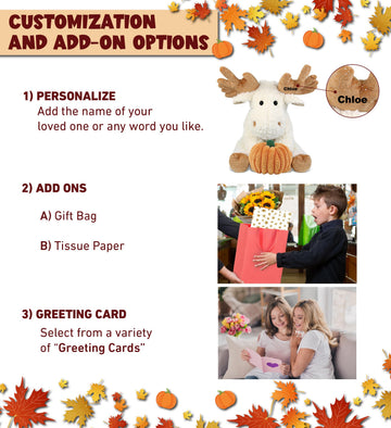 DolliBu Super Soft Fancy Floppy Moose Stuffed Animal with Pumpkin Decor and Personalization - Pumpkin Plush Animal for Fall, Halloween