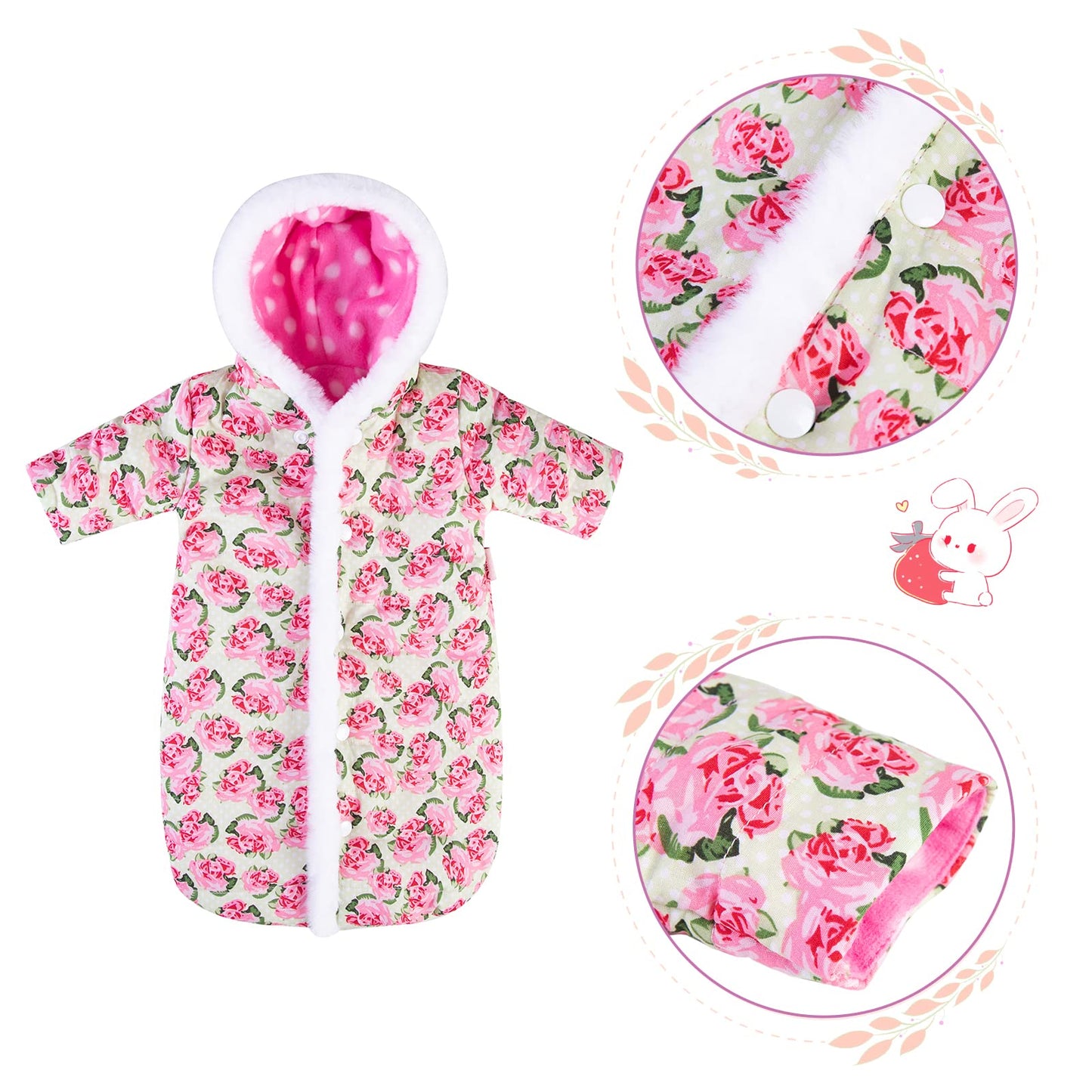 Rakki Dolli Doll Jumpsuit Sleeping Bag Handmade Doll Clothes Hooded Romper Pink Rose Winter Hoodie Doll Accessory Soft Thick Swaddle Blanket Fit