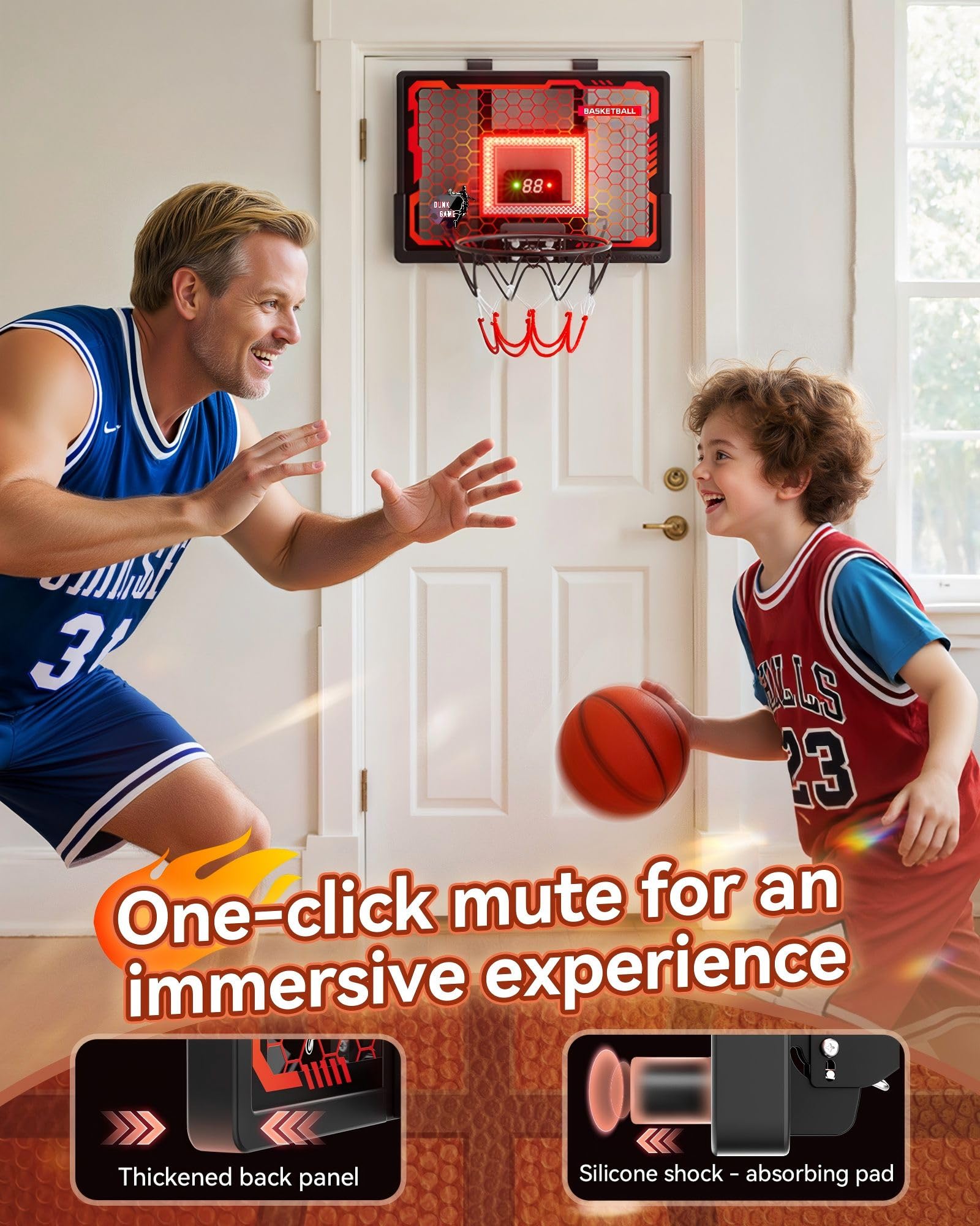Indoor Basketball Hoop Pro for Kids, Over The Door Basketball Hoop with LED Light/Scoreboard/4 Balls- Upgraded Anti-Impact Backboard, Basketball Toys