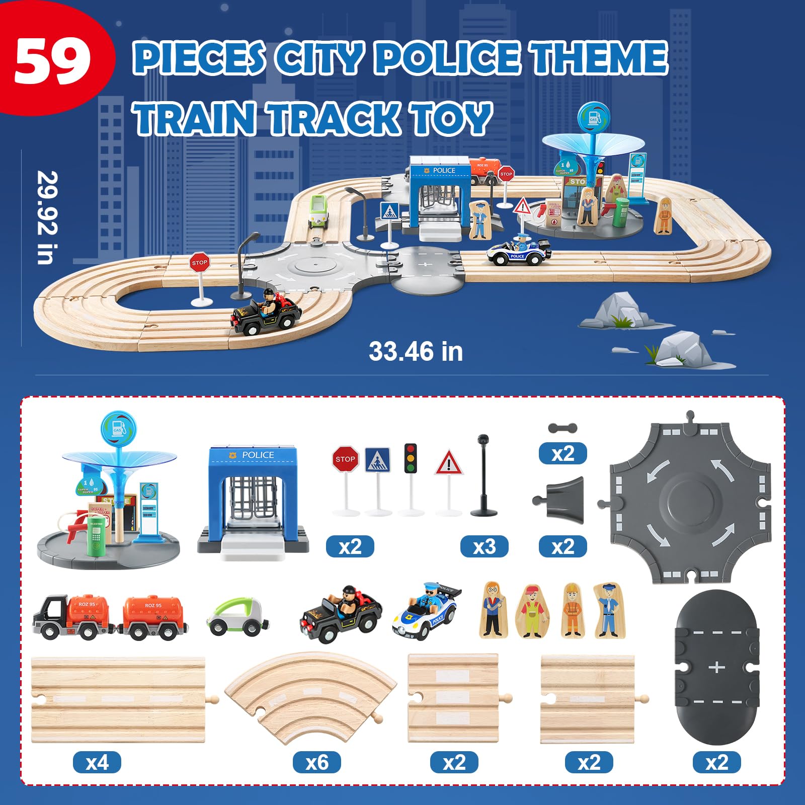 JugueteLand 59 Pcs Wooden Train Set for Toddlers, Toy Train with Track for Kids Ages 3-6, Deluxy Double Track City Police Station Railway Playset