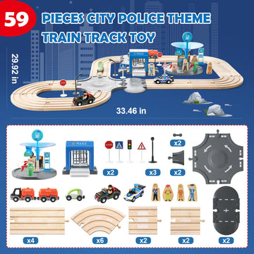 JugueteLand 59 Pcs Wooden Train Set for Toddlers, Toy Train with Track for Kids Ages 3-6, Deluxy Double Track City Police Station Railway Playset