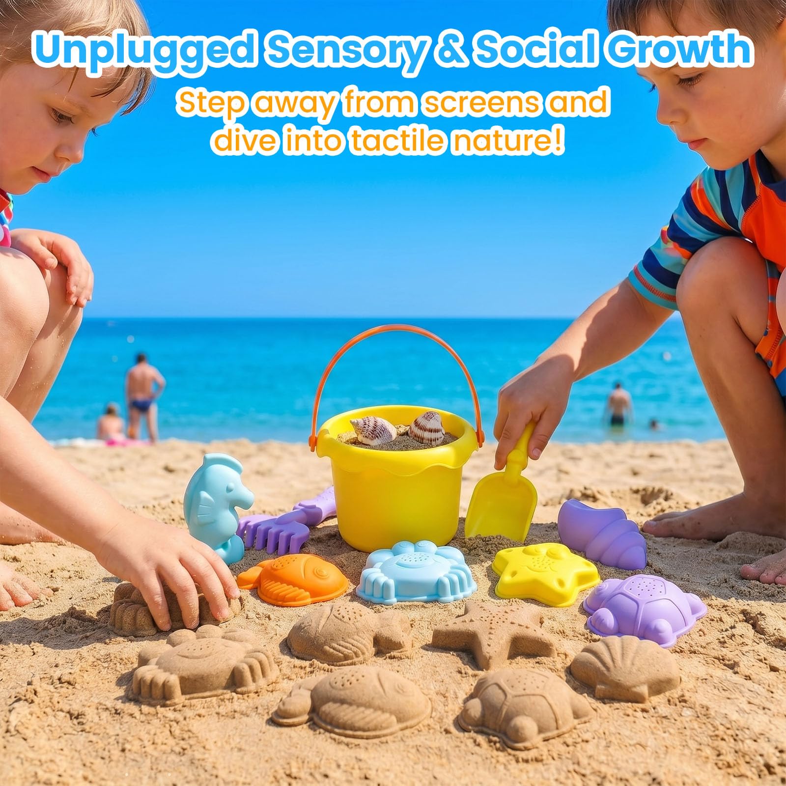 3 Otters Beach Toys Set, Bucket and Shovel RakesTool, Ocean Animals, 9 Pcs
