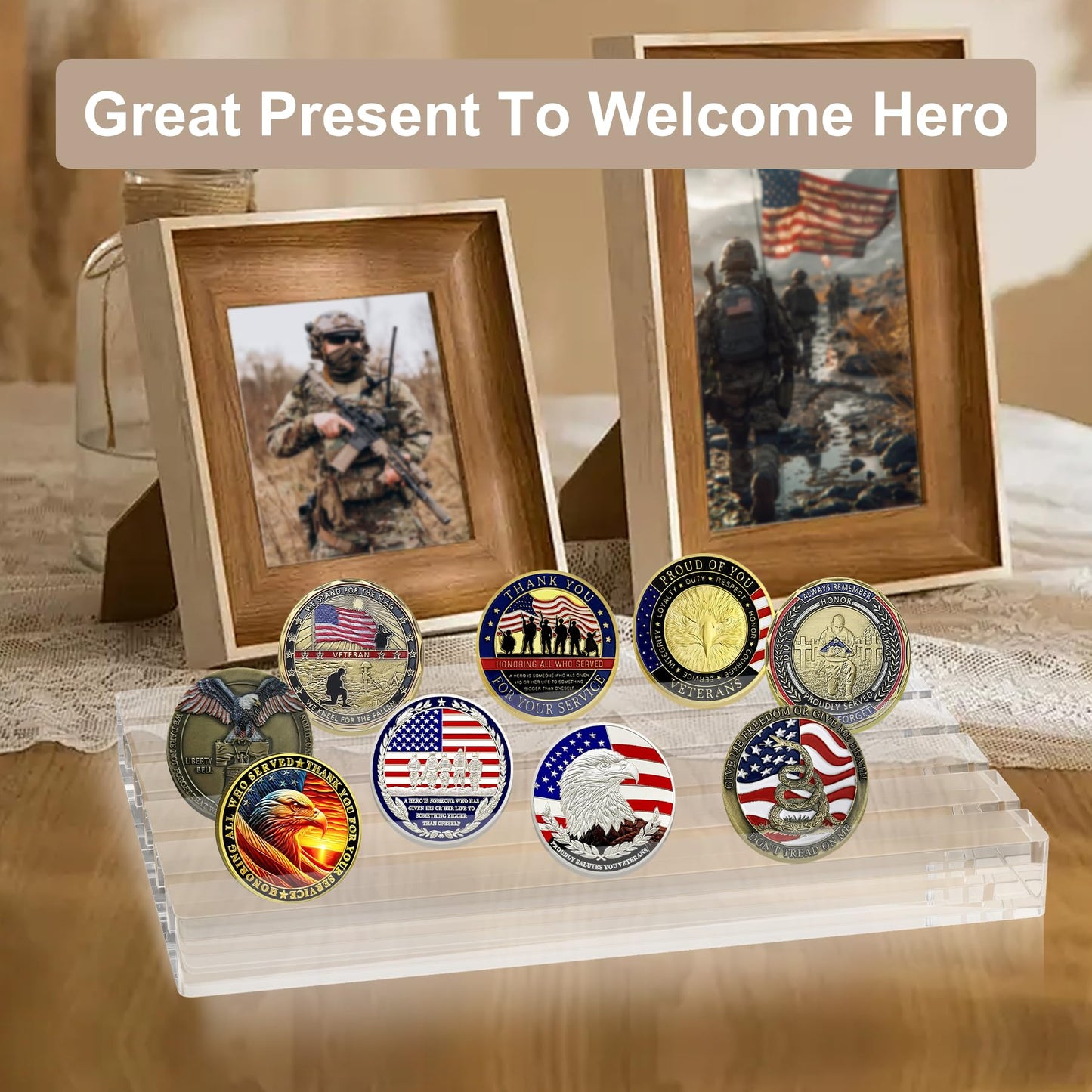 Boloyo Acrylic Challenge Coin Display Stand, Clear 6x4 inch 5 Row Challenge Coins Display Holder Military Coin Display Case Holder Rack for Collectors