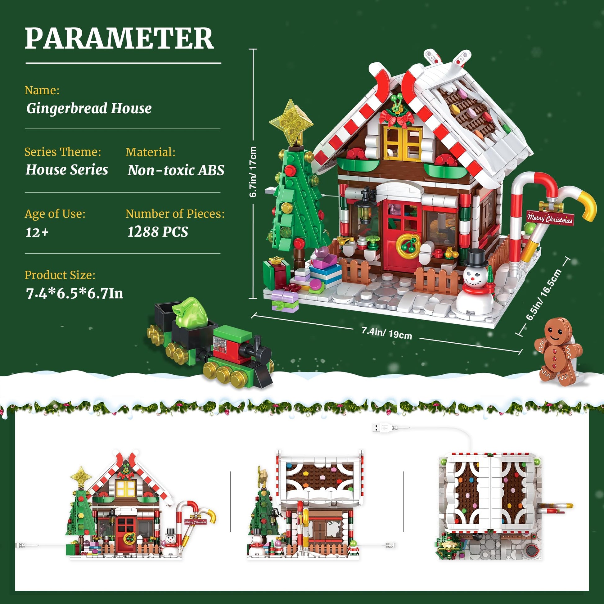 Christmas Gingerbread House Building Block for Girls Age 12+ with LED Lights, Christmas Village House Blocks Set with Christmas Tree and Train