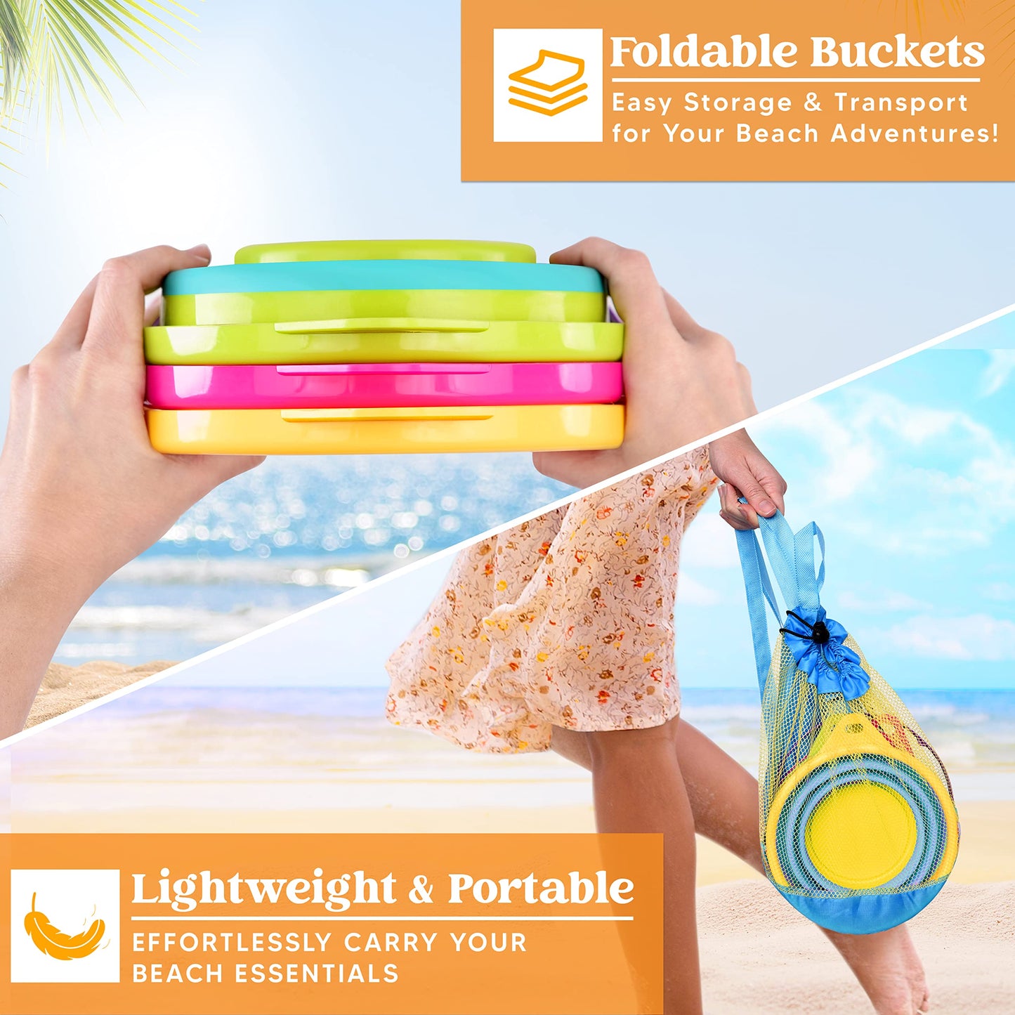 JOYIN 3 Packs Foldable Pail Bucket with Shovels & Mesh Bag, Collapsible Buckets Multi Purpose for Beach, Camping Gear, Beach Party, Fishing, and Fun