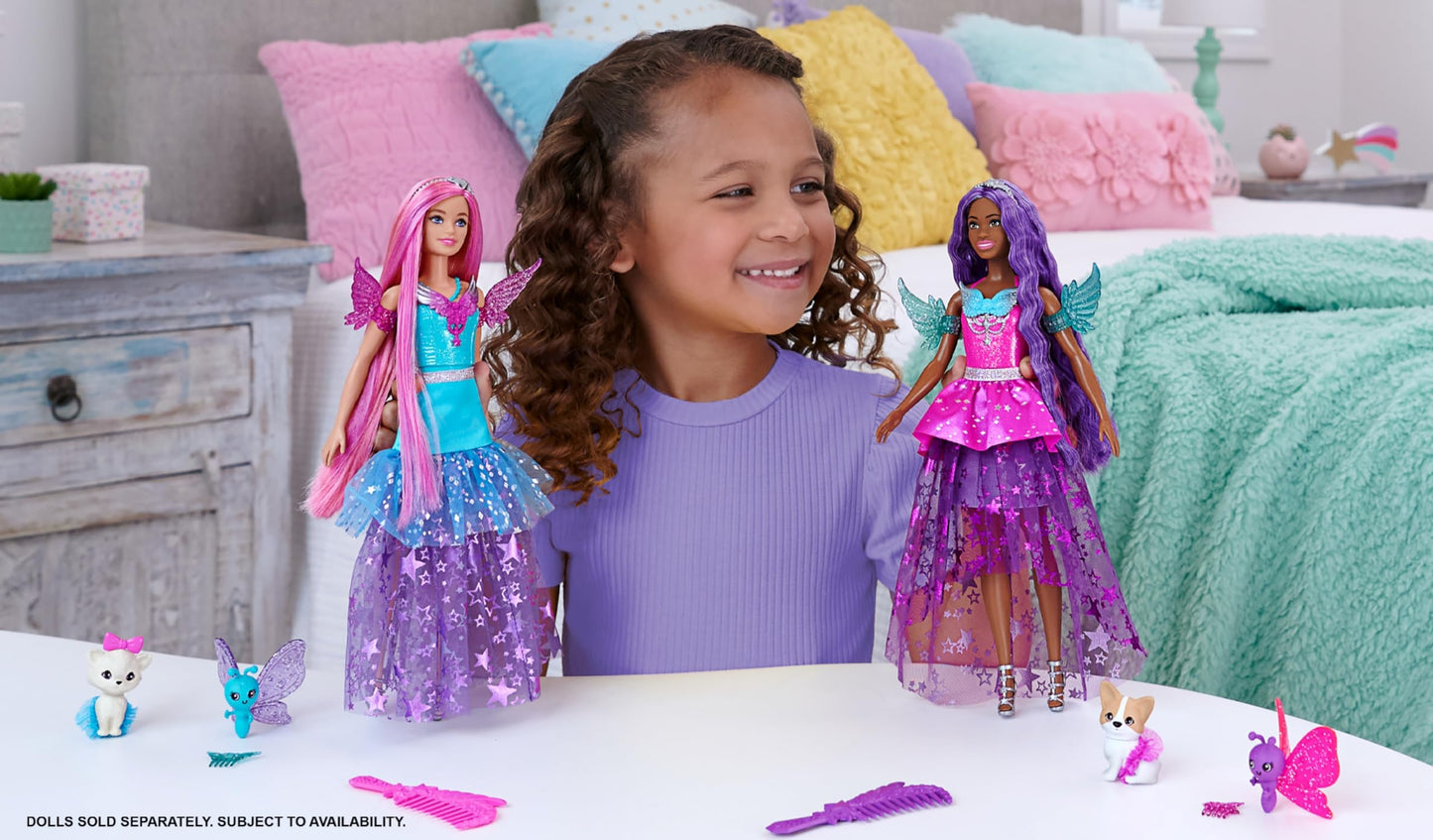 Barbie A Touch of Magic Fashion Doll, Brooklyn with Wing-Detailed Dress, 7-inch Long Colorful Hair, 2 Fantasy Pets & Accessories