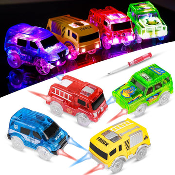 FancyWhoop Tracks Cars Replacement Only - Light Up Magic Cars for Tracks Compatible with Glow in The Dark Toy Cars with 5 LED Flashing Lights for Most