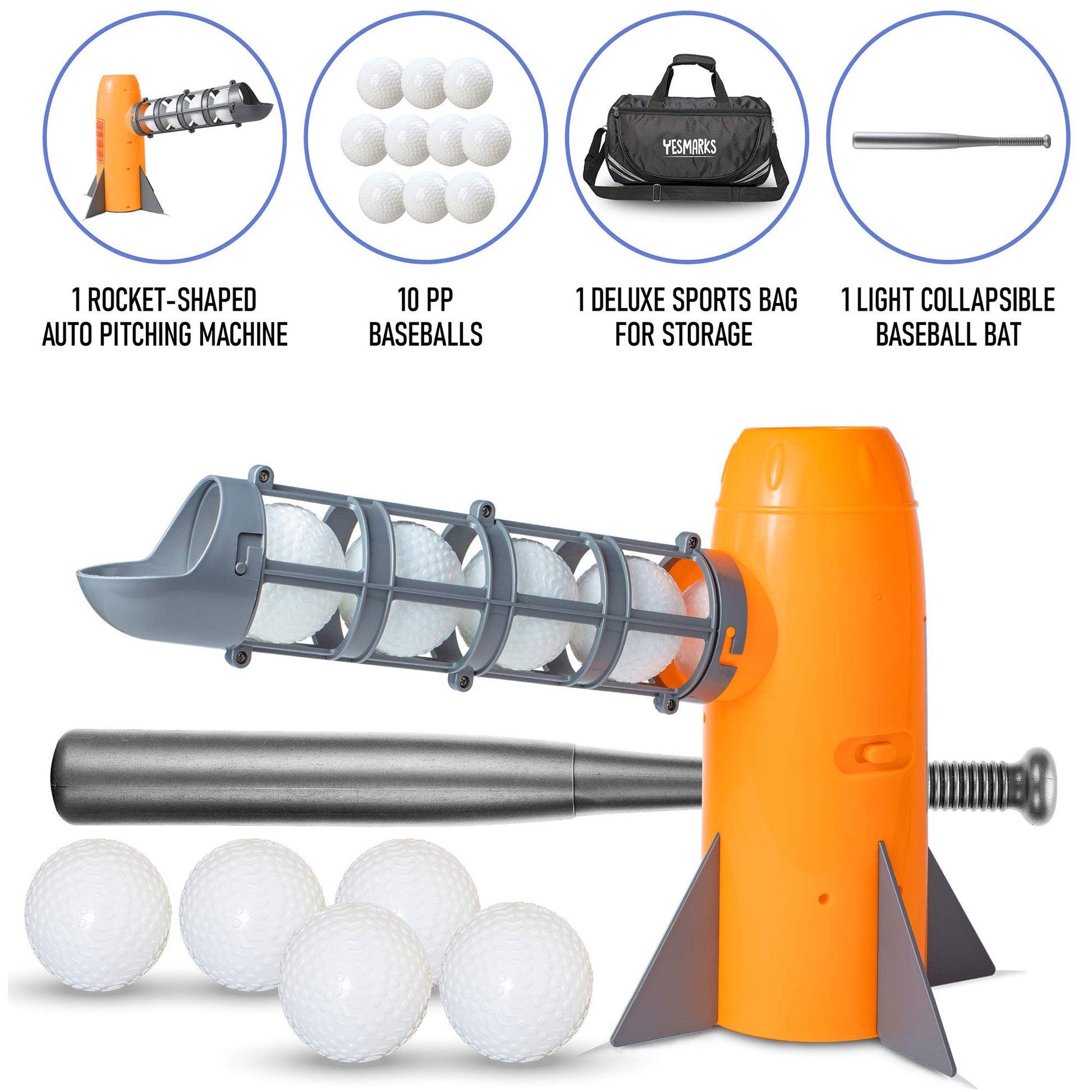 YESMARKS Kids Auto Baseball Pitching Machine Outdoor Toy Set - Training Equipment & Batting Practice Toys for Youth, Includes 10 Baseballs, Baseball