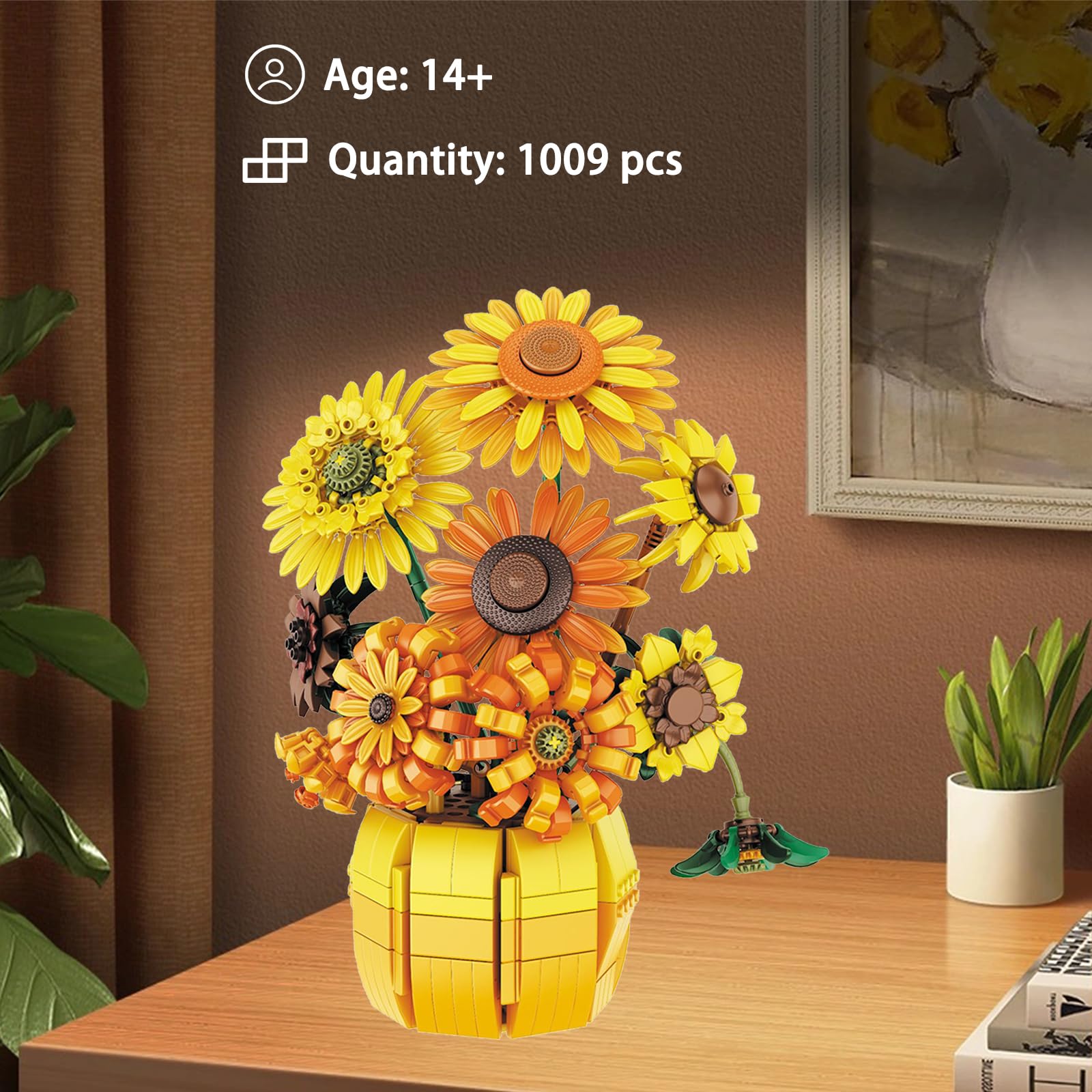 EMANNON Flowers Building Set for Adults - Sunflowers Building Blocks with Vase 1009PCS, Artificial Flowers Botanical Collection Gifts for Christmas