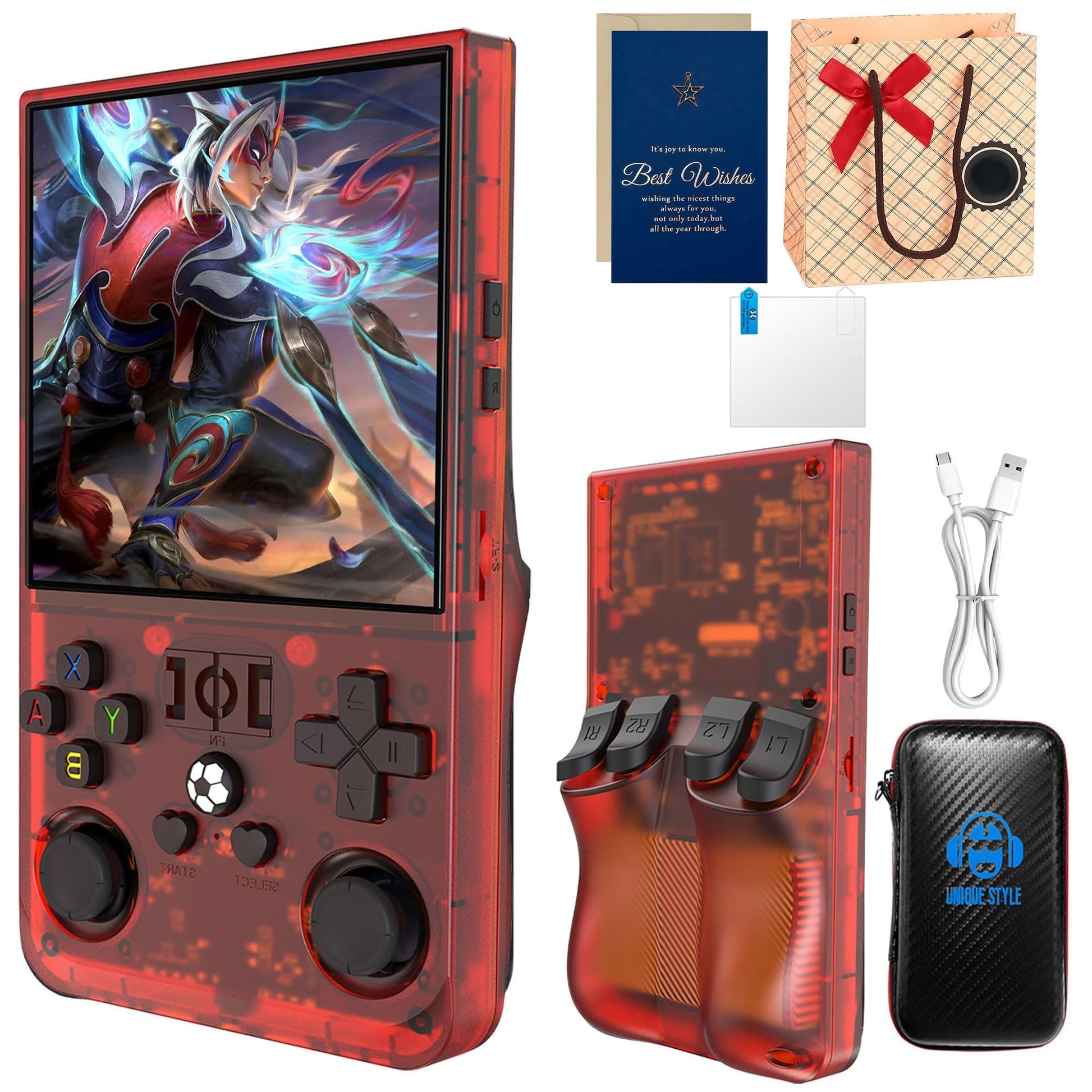 R36MAX Retro Handheld Console Gift Set, 4" HD Screen, 128GB with Bag & Card (Red 128Gb)