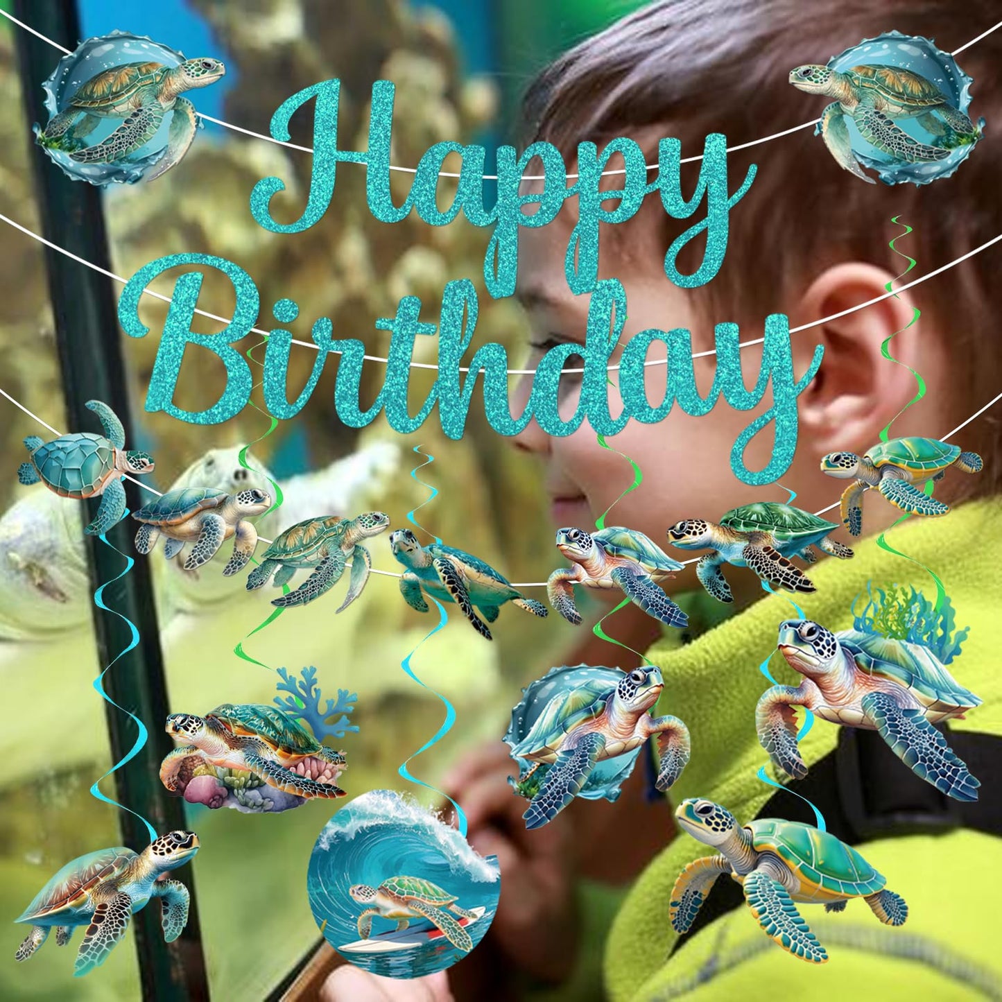 Sea Turtle Birthday Banner with Garland Hanging Swirls, Turtle Birthday Decorations for Ocean Themed Party