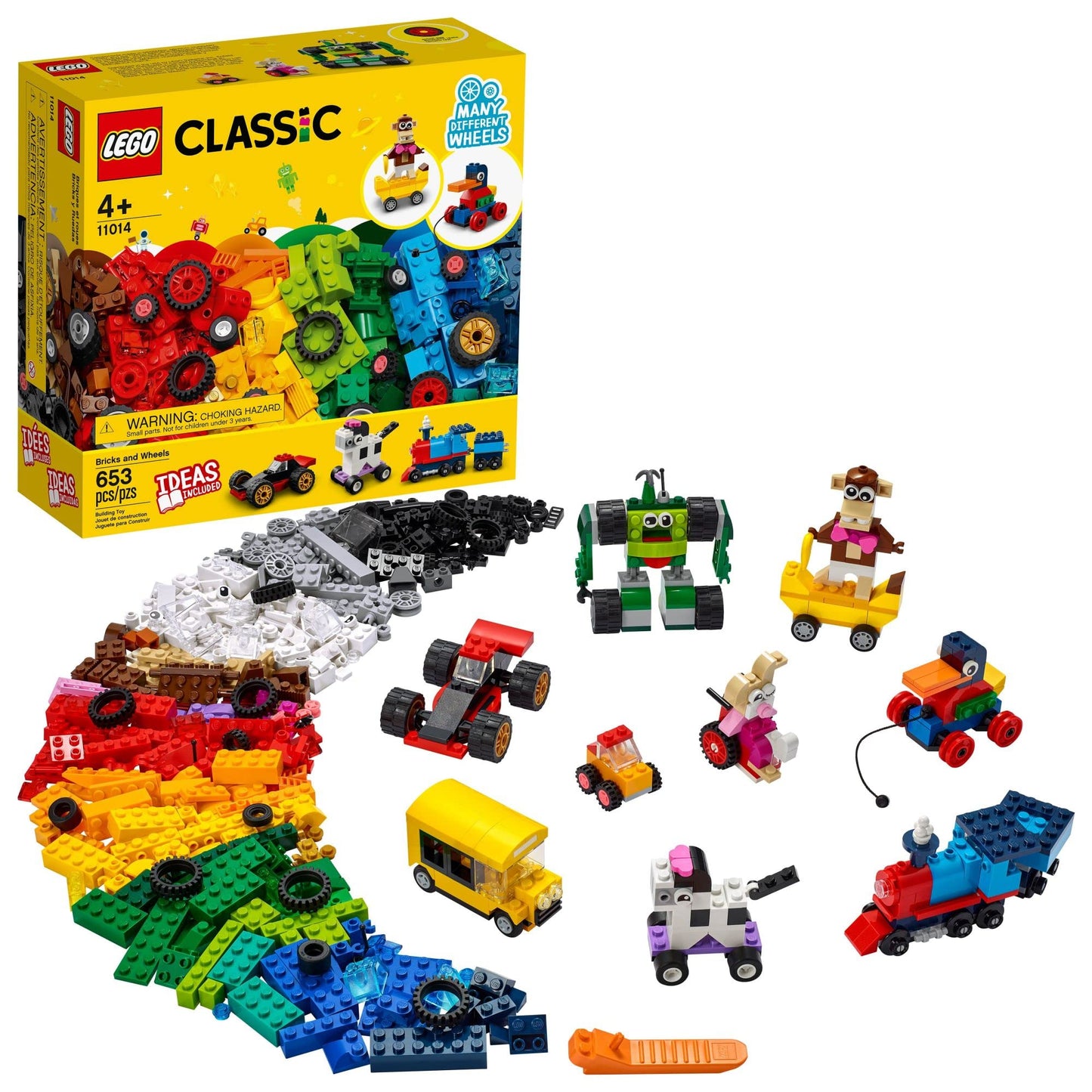 LEGO Classic Bricks and Wheels 11014 Building Kit, Includes a Toy Car, Train, Bus, Robot, Skateboarding Zebra, Race Car, Bunny in a Wheelchair,