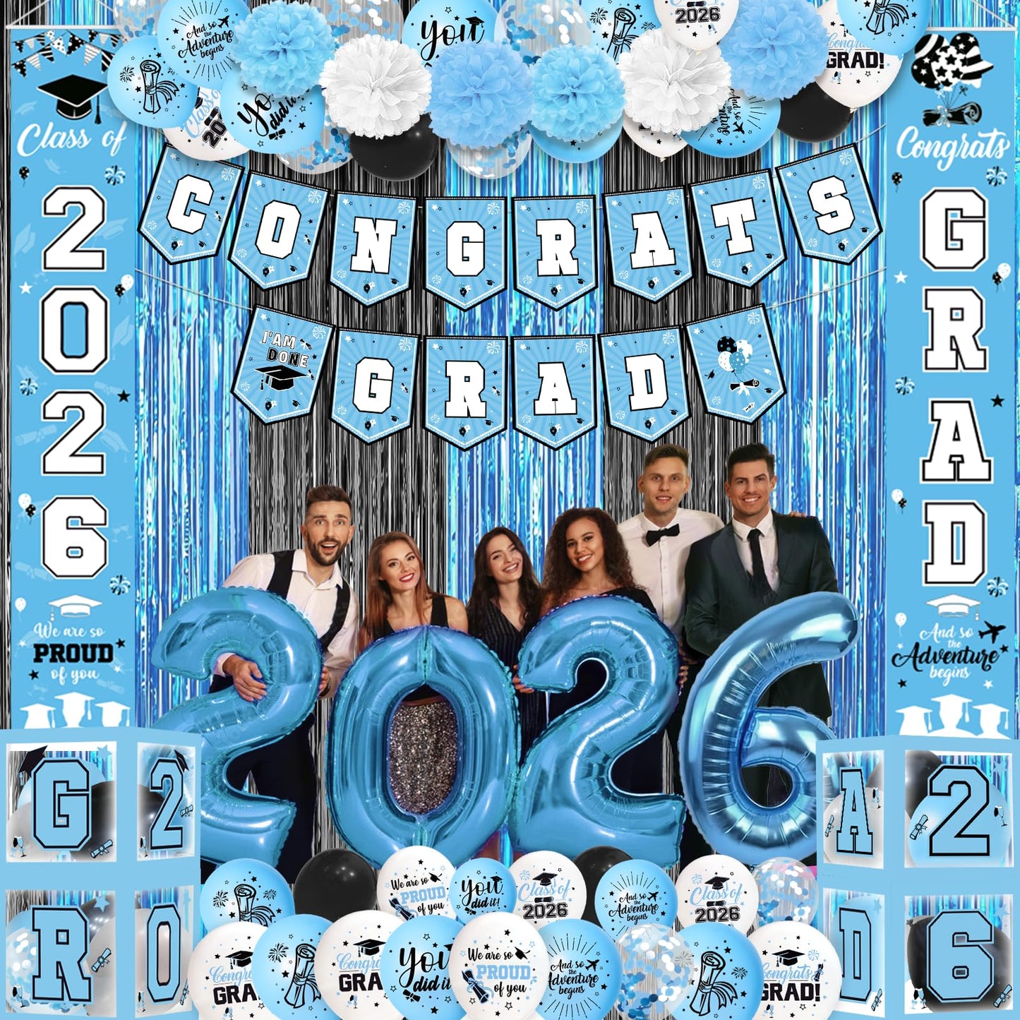 Light Blue Graduation Decorations 2026 Blue Congrats Grad Banner Class of 2026 Decorations Grad Party Decorations 2026 Graduation Banner