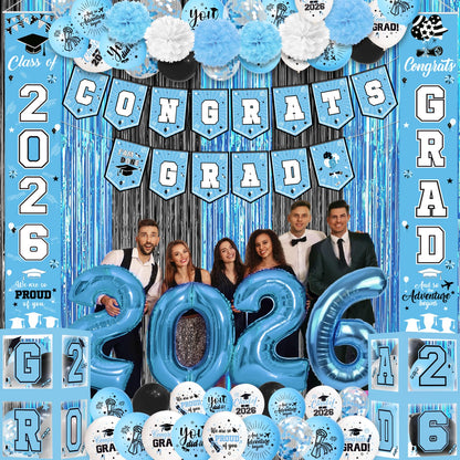Light Blue Graduation Decorations 2026 Blue Congrats Grad Banner Class of 2026 Decorations Grad Party Decorations 2026 Graduation Banner