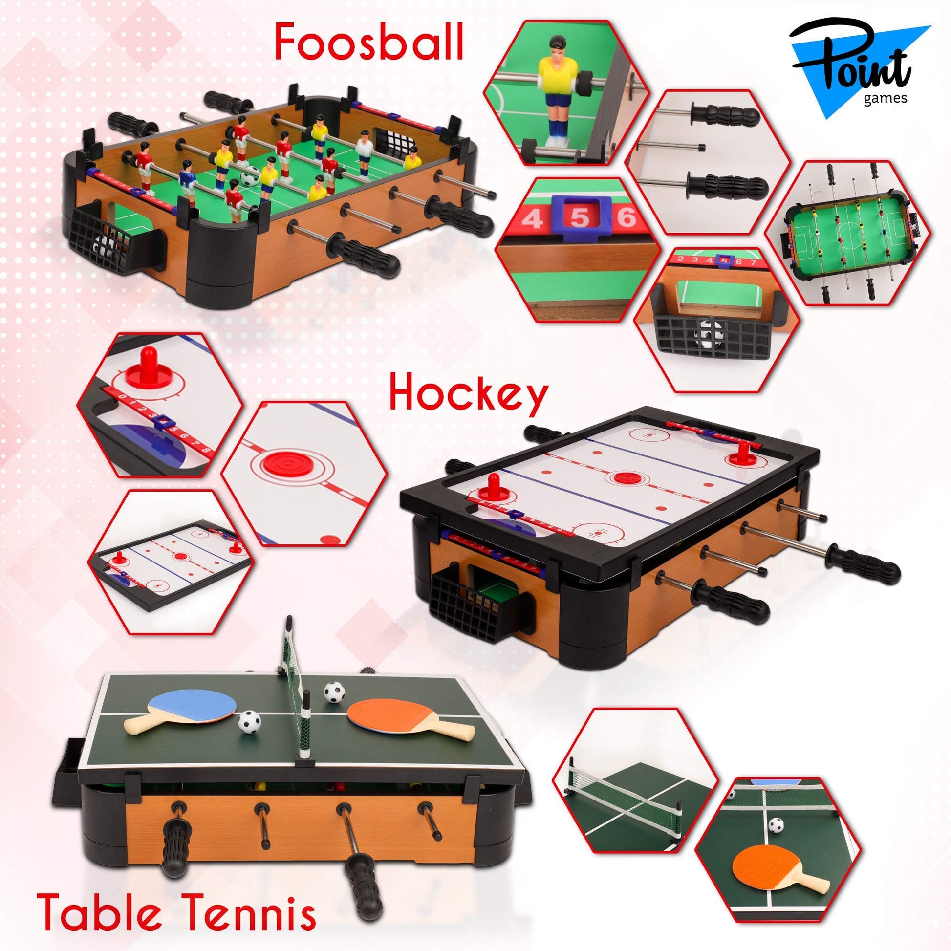 Point Games 3 in 1 Small Multi Game Set, Foosball, Air Hockey, Table Tennis - Portable Mini Arcade Table for Easy Carry - Perfect Arcade Gift