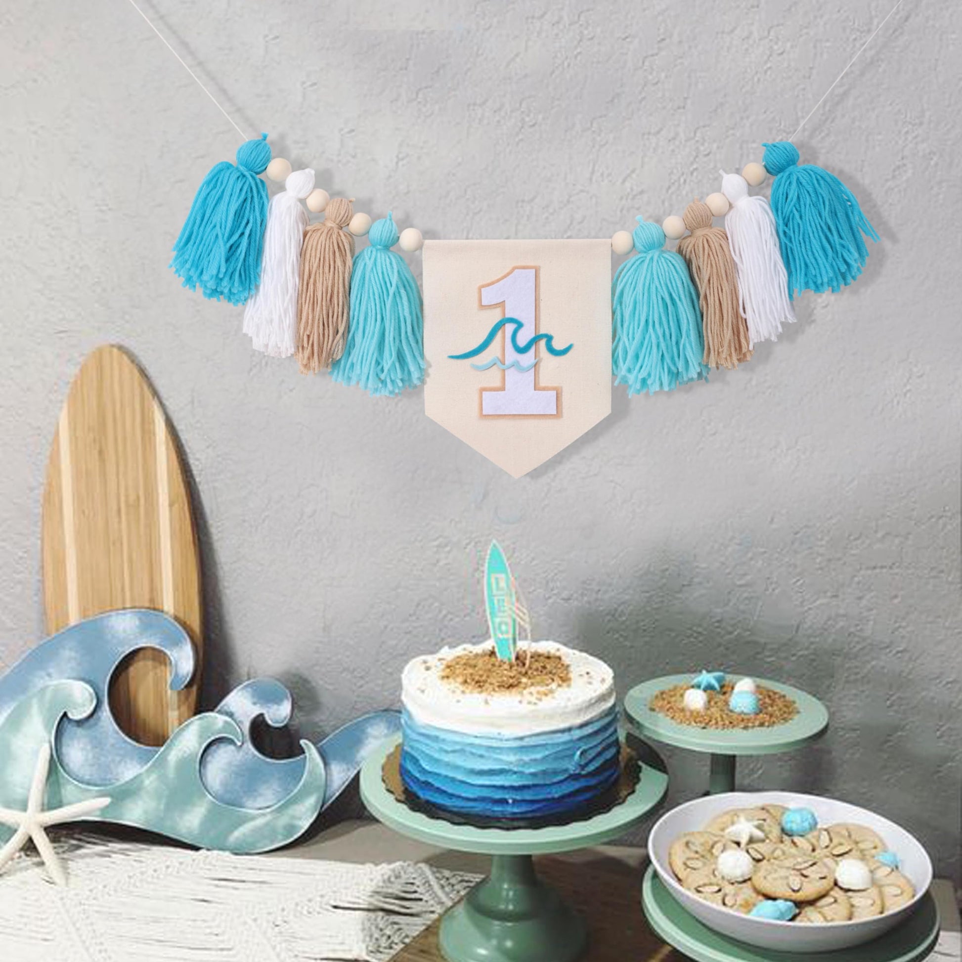 Big One Surf High Chair Banner - Wave 1st Birthday Decoration for Boys, Tassel Garland