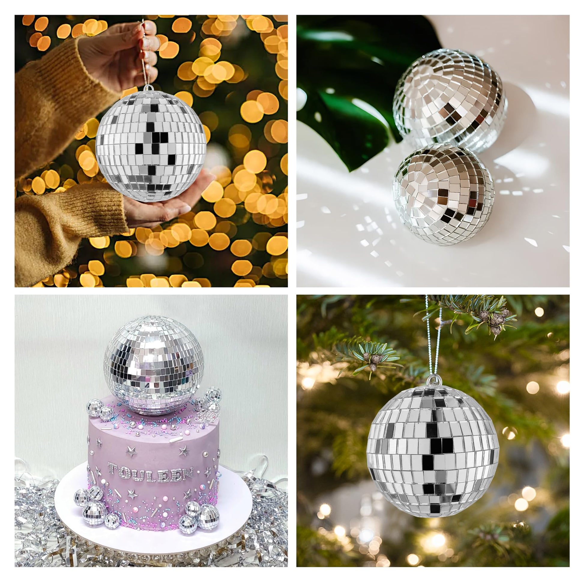 4 PCS 4 Inch 3.15 Inch Disco Ball Party Decorations Reflective Mirror Ball 70s Disco Themed Ornaments for Christmas Tree Cake Decor