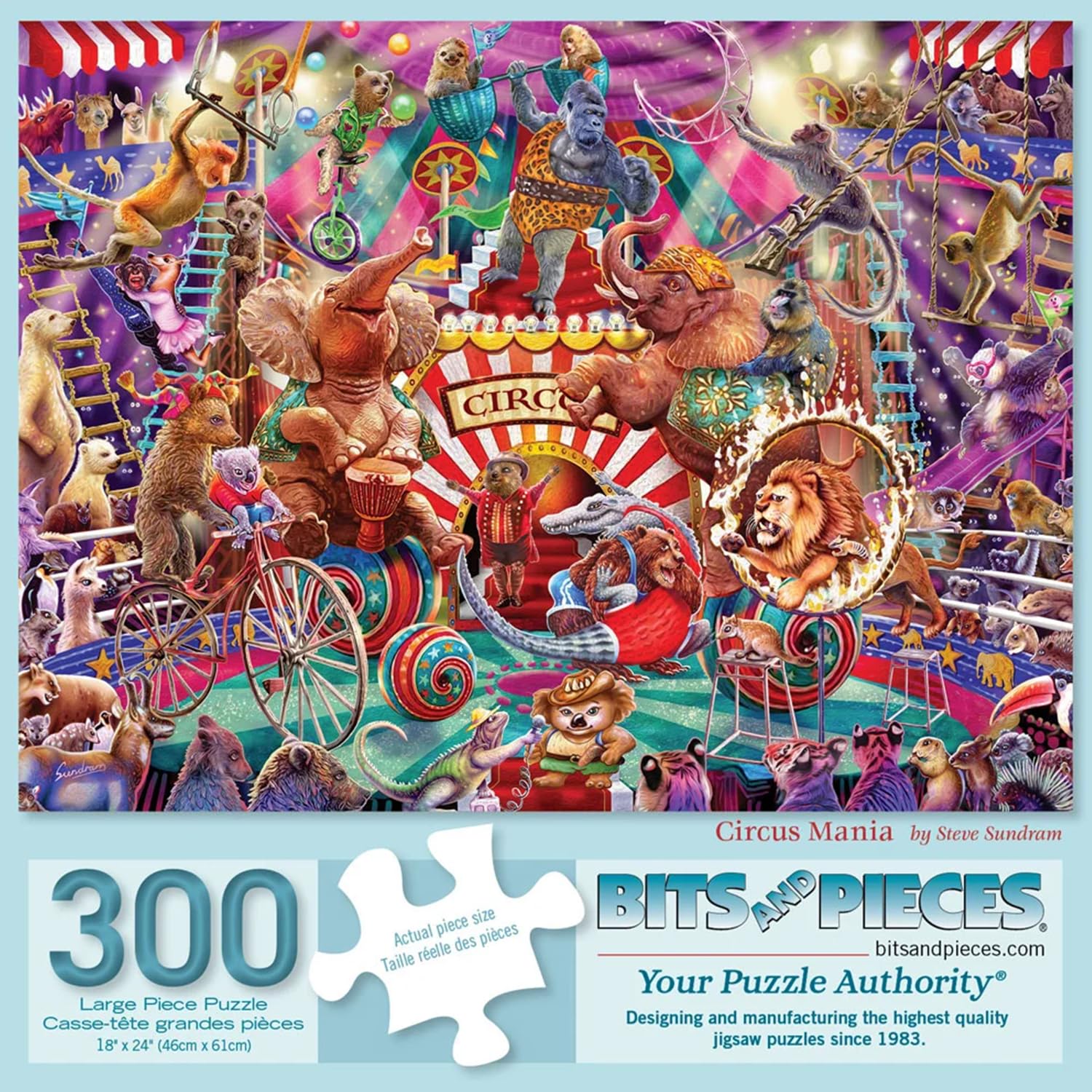 Bits and Pieces 300 Piece Puzzles for Adults Circus Mania 300 Large Pieces 18" x 24" Jigsaw Puzzles, Circus Animals, Random Die Cut Pieces No 2 are