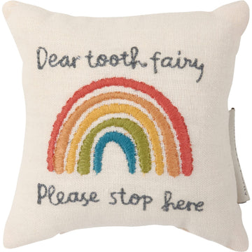 Primitives by Kathy Tooth Fairy Pillow, 5x5-Inch Cotton Linen Keepsake with Back Storage Pocket, Embroidered Bright Rainbow Design