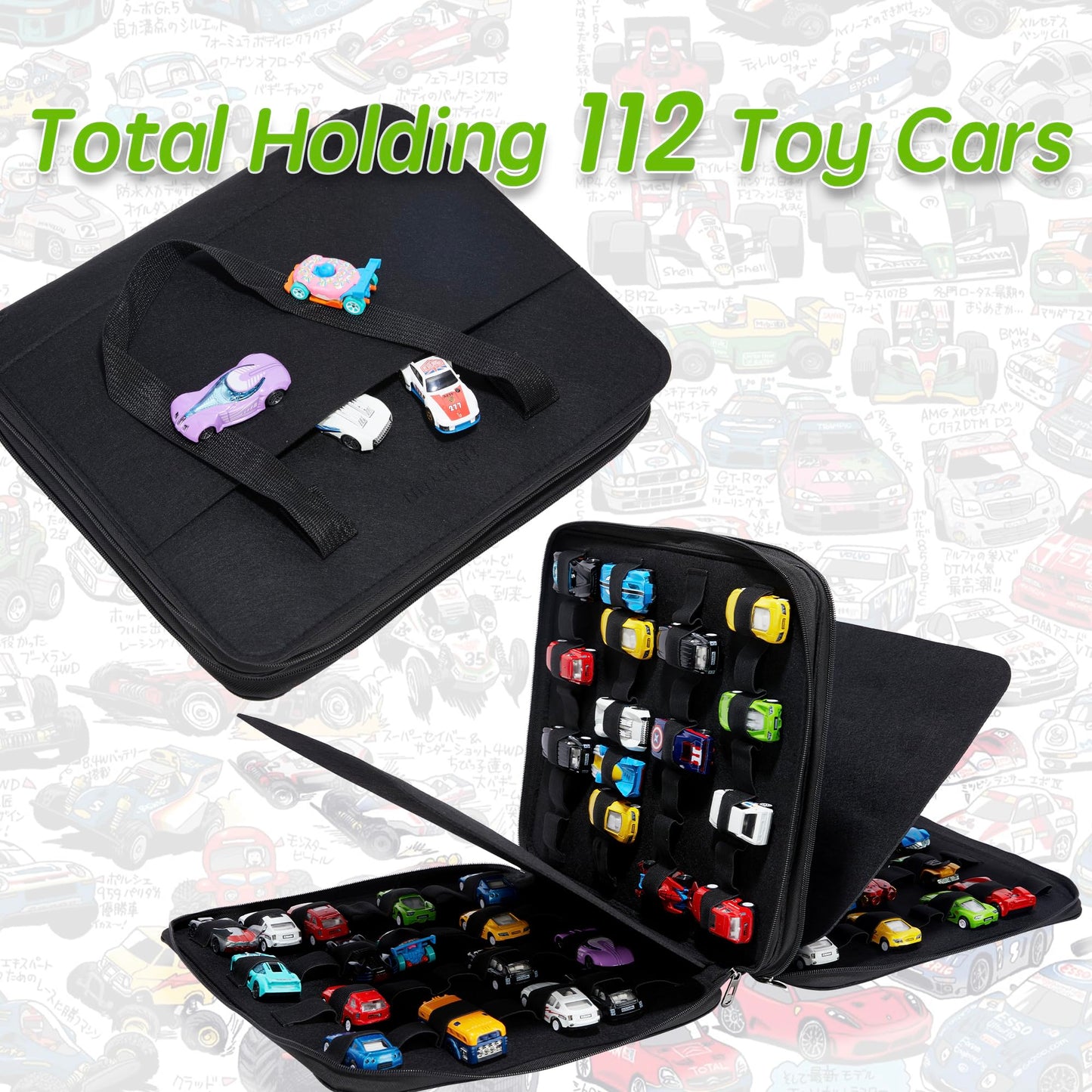 HUHYNN 112 Toy Cars Storage for Hot Wheels or Matchbox Cars, Portable Storage Case with 112 Slots for Hot Wheels, Bag Only (Black)