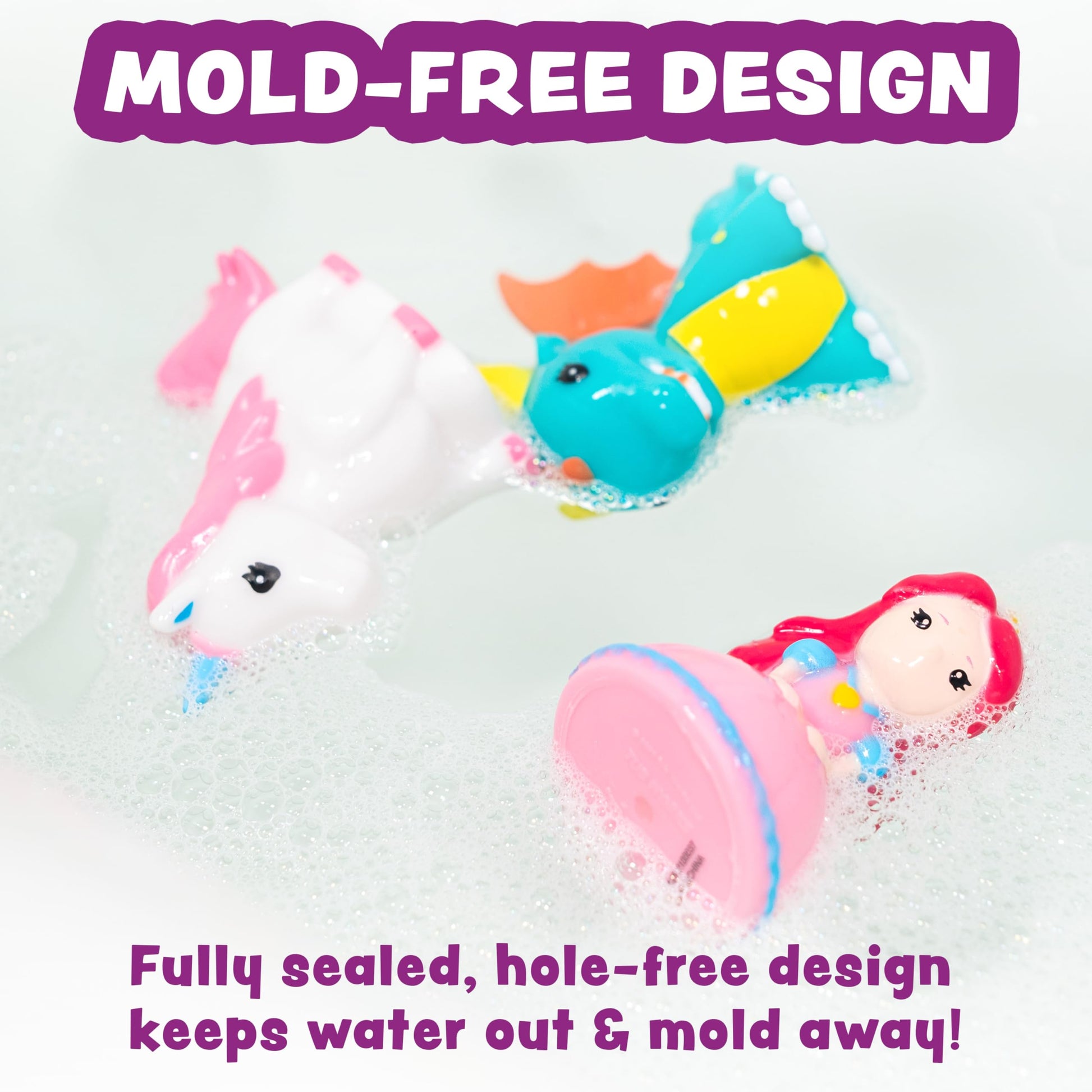 Tub Works® Fantasy Watertight Bath Toys, 6 Pack | Sealed, No Hole Bath Toys Design Keeps Moisture Out | Soft, Squeezable & Float on Water | Baby