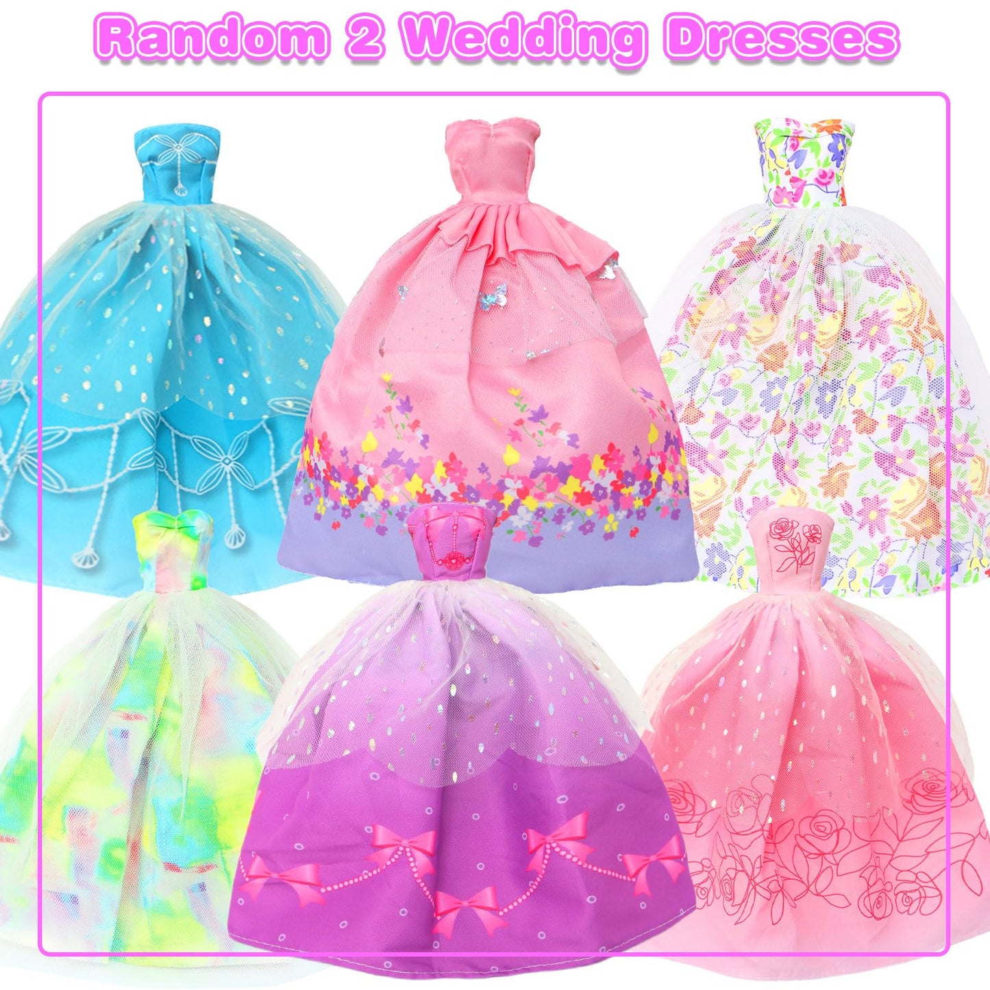 BJDBUS 50 Pcs Doll Clothes and Accessories, 2 Wedding Gowns 4 Fashion Dresses 2 Tops 2 Pants Outfits 2 Swimsuits Bikini 10 Shoes 10 Hangers 17