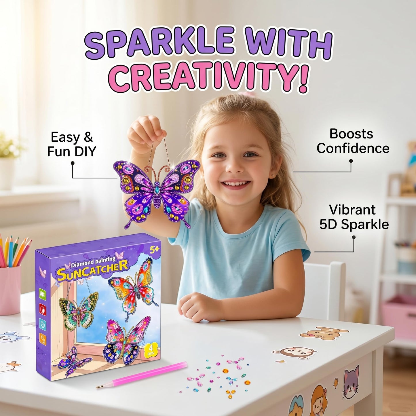 ZhengYuFa Diamond Art Kit for Kids Arts and Crafts for Kids Ages 8-12, Butterfly Diamond Art, 6/7/8/9/10 Year Old Girl Gifts Gem Art Butterfly Kit