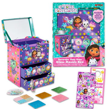 Dreamworks Gabby’s Dollhouse DIY Jewelry Box - Craft Kit Bundle with Mosaic Tiles, Adhesive Gems, and 3D Foam Sticker Plus More | Gabby's Dollhouse