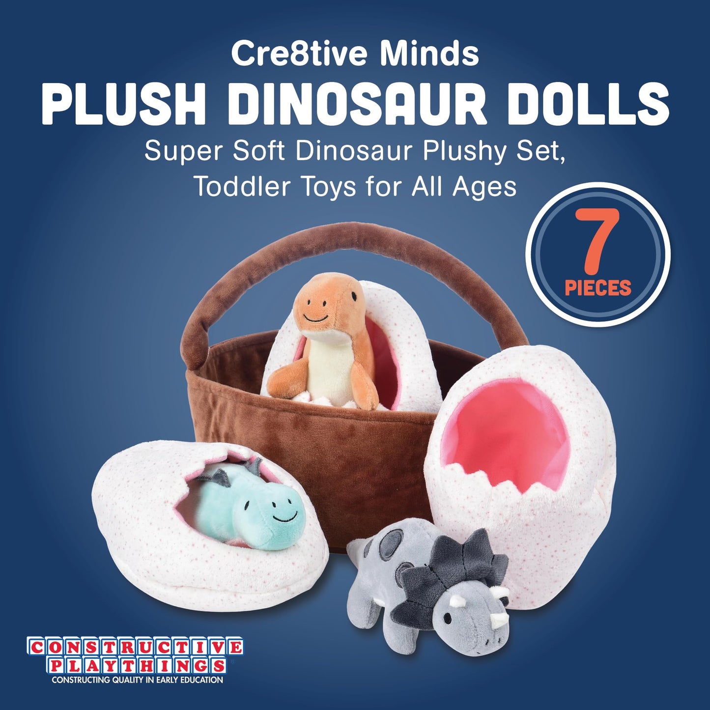 Cre8tive Minds Basket of Baby Dinosaur Plush Dolls, Super Soft Dinosaur Plushy Set, 7-Piece Toddler Toys for All Ages, Includes 3 Dinos, Dino Eggs