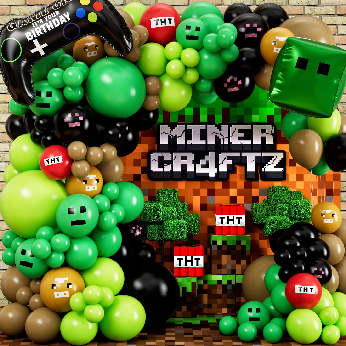 ALL-IN-1 Black Brown & Green Balloon Arch Kit with BONUS Green FOIL Balloon & Game Controller Balloons for Birthday Decorations - Green Brown Black