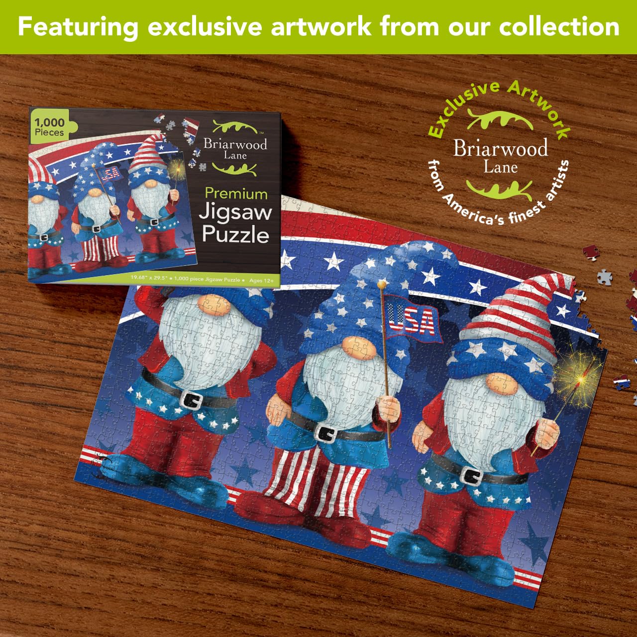 Briarwood Lane Summer 4th of July Jigsaw Puzzle 1000 Pieces Adult Finished Size 29.5x19.68 Patriotic Gnomes Puzzle for Game Night