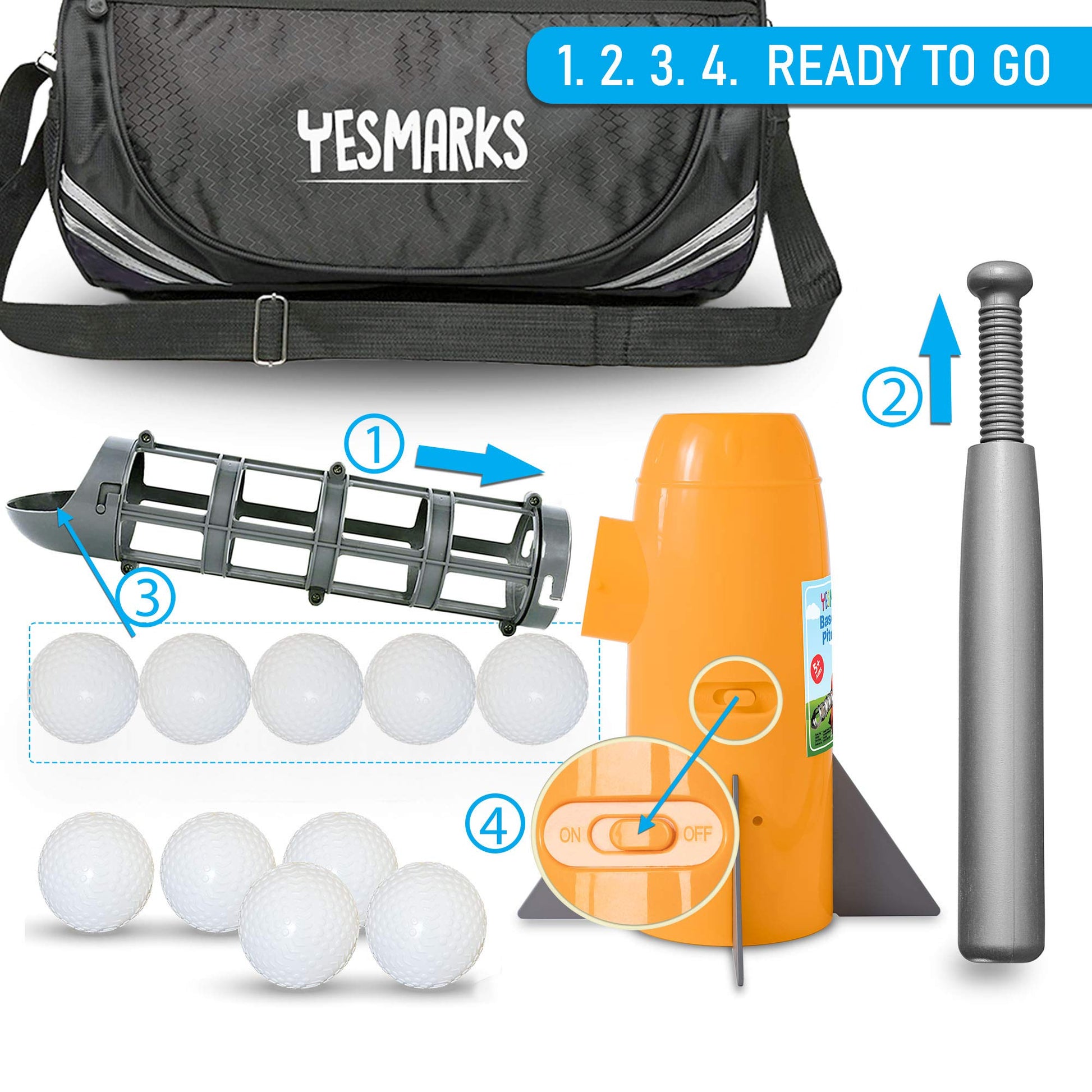 YESMARKS Kids Auto Baseball Pitching Machine Outdoor Toy Set - Training Equipment & Batting Practice Toys for Youth, Includes 10 Baseballs, Baseball