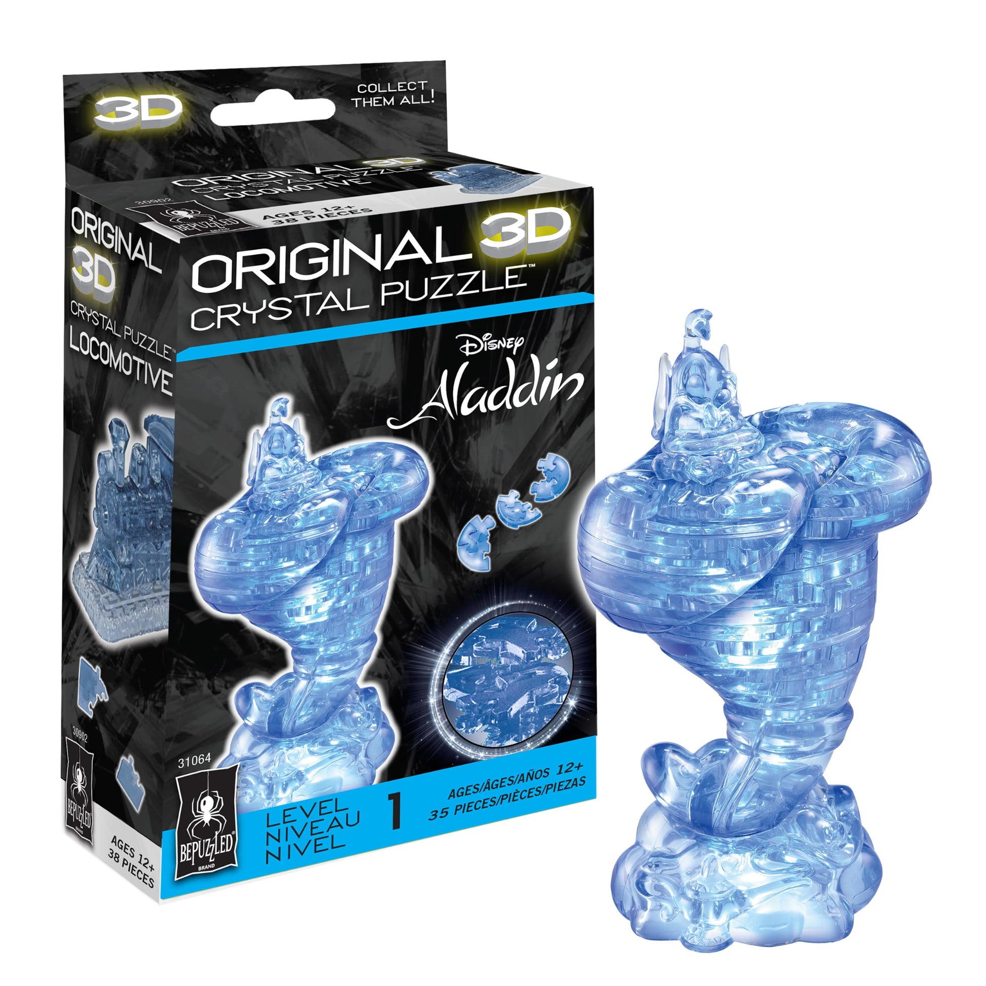 BePuzzled Original 3D Crystal Jigsaw Puzzle - Genie Disney Aladdin Brain Teaser, Fun Decoration for Kids Age 12 and Up, 35 Pieces (Level 1), Blue